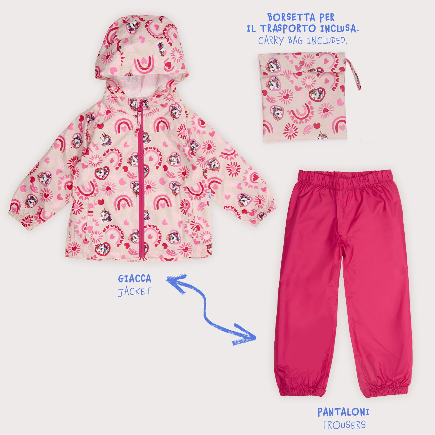 PERLETTI Traje de Agua Impermeable Niño Niña - Chubasquero y Pantalones Lluvia 2 3 4 5 6 7 Años con Capucha y Cremallera