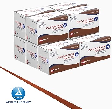 Dynarex Povidone Iodine Prep Pads, Medium Sized Packaged in Individual Foil Packs, Brown, 1 Case of 1,000 Pads (10 Boxes of 100) [Packaging May Vary]