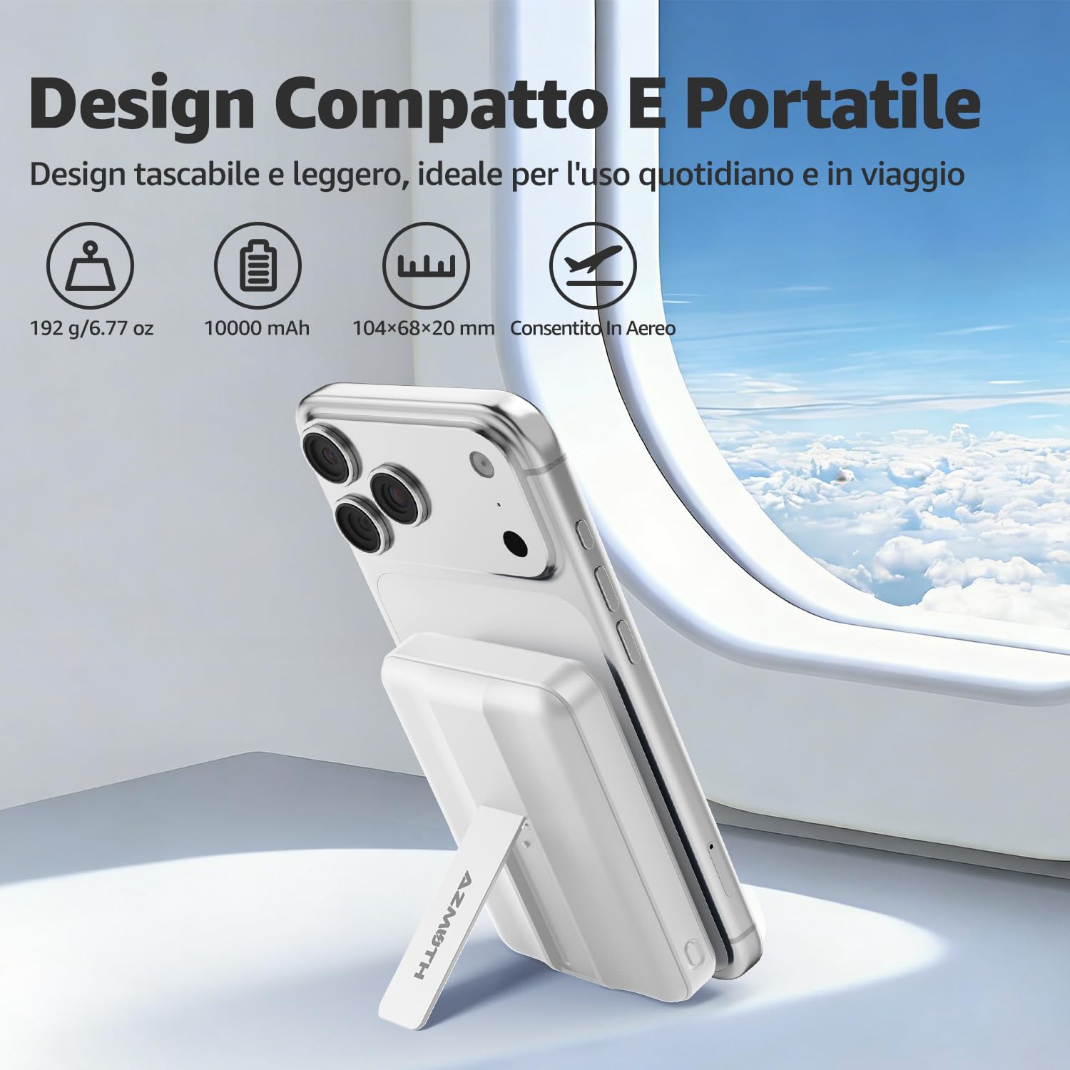Azmuth Power Bank per Magsafe, 10000mAh Batteria Esterna Magnetica Wireless Ricarica Rapida 20W USB-C con Display LED e Supporto, Caricatore Portatile per iPhone 17/16/15/14/13/12 Serie, Bianco