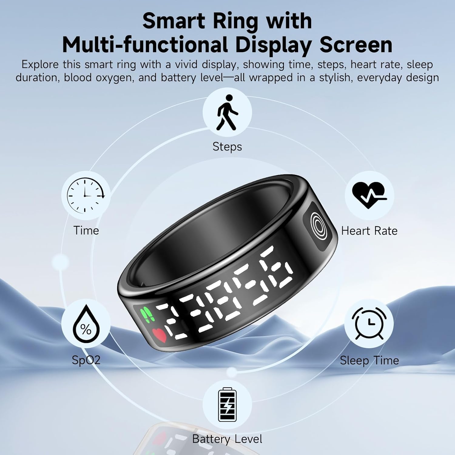 Smart Ring with Display - Fitness Tracker, Heart Rate Monitor, Sleep Tracker, Step Counter, Gesture Control for TikTok & Camera - IP68 Waterproof, Extended Battery Life Black #10