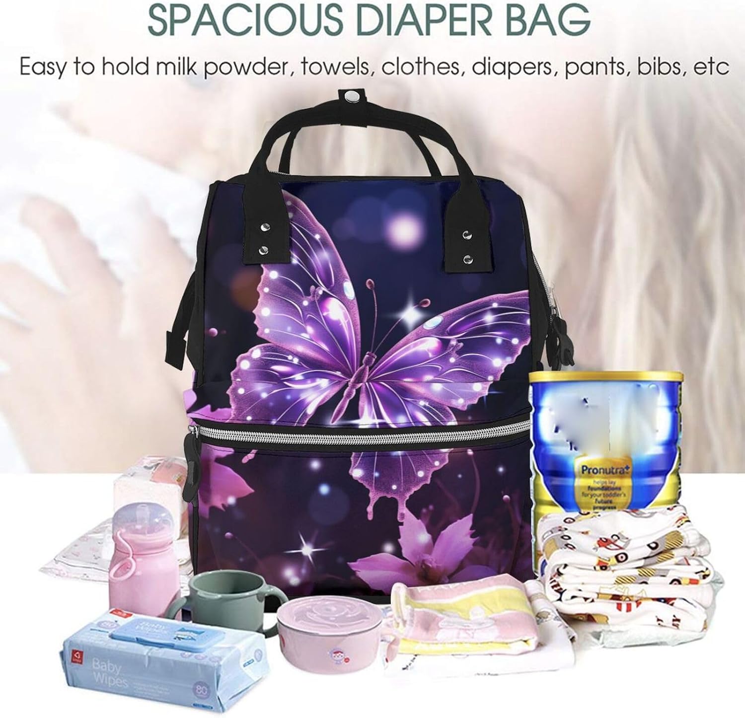 Cute Purple Butterfly Diaper Bag Backpack Mommy Bag Multifunction Travel Maternity Baby Changing Bags