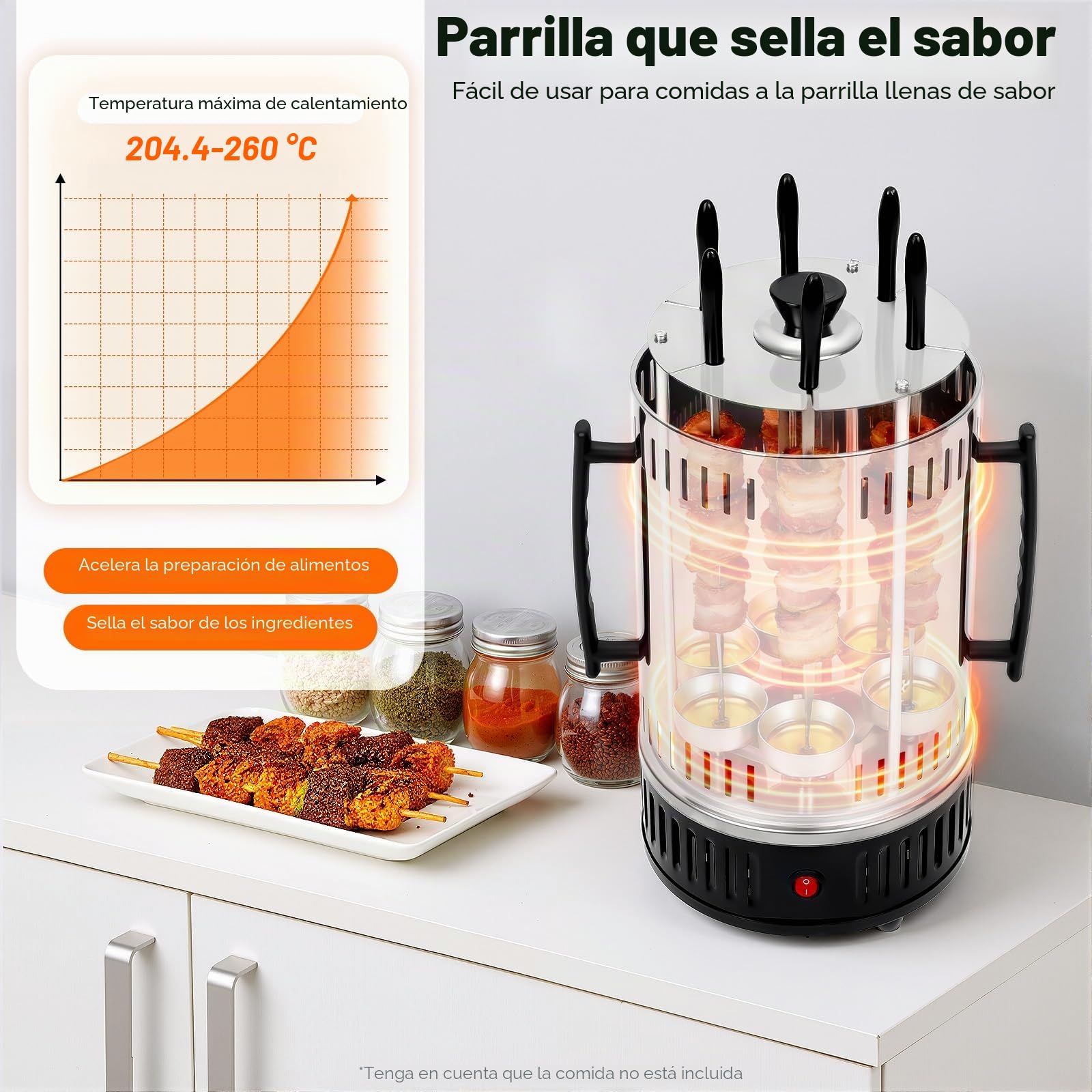 Barbacoa vertical eléctrica de 1000 W con 6 pinchos Independiente Parrilla eléctrica vertical de acero inoxidable con bandeja de gotas de aceite, parrilla vertical para barbacoas, picnics