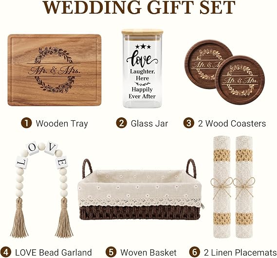 Mr and Mrs Wedding Gifts for Couple, Newlywed Gift Basket Set with Wooden Tray, Glass Jar, Coasters, LOVE Bead Garland and Linen Placemats, Bridal Shower Engagement Gifts for Newlyweds