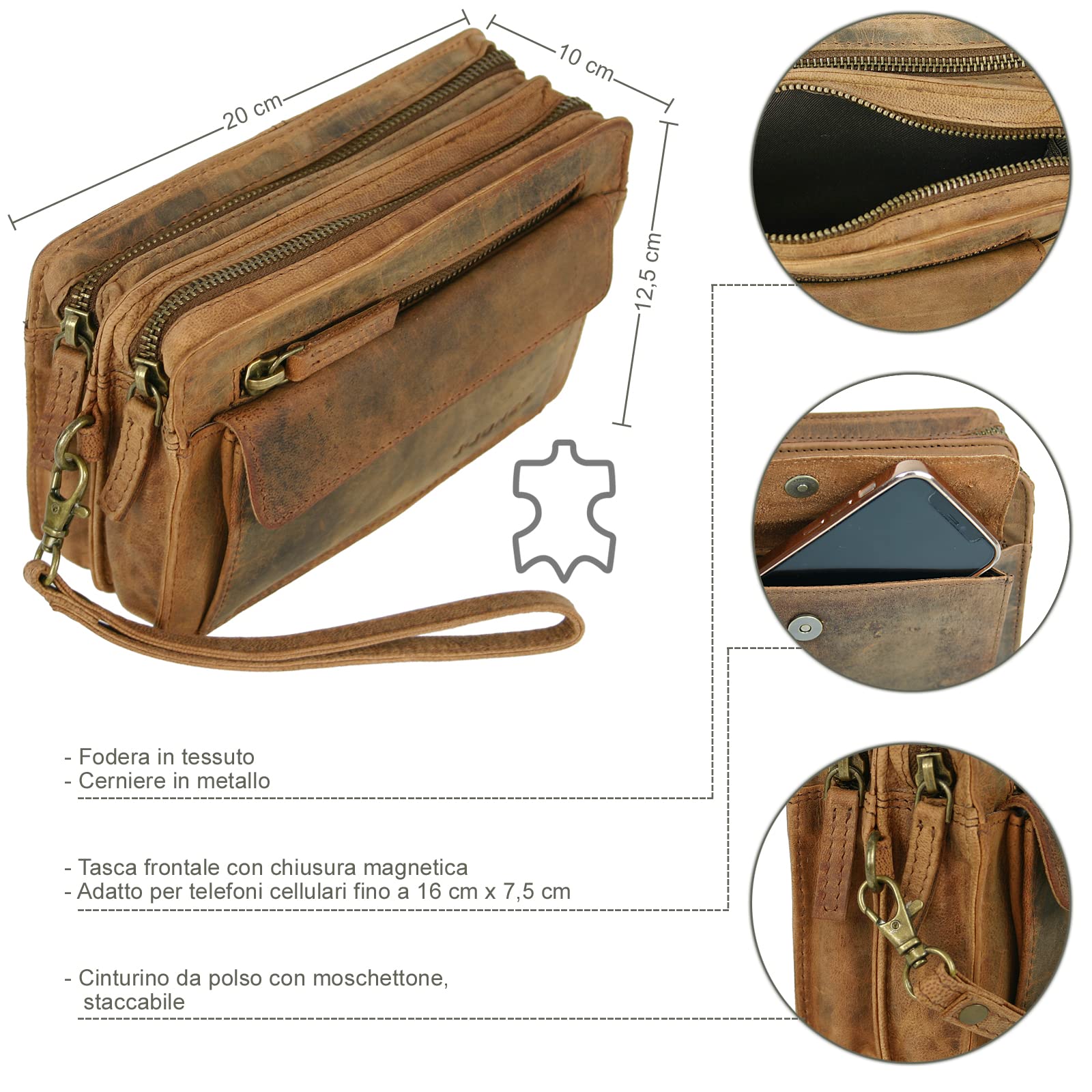 J JONES JENNIFER JONES Borsa da polso in vera pelle per uomini, borsa-portafoglio, borsa-portatutto, borsa a mano - 6152