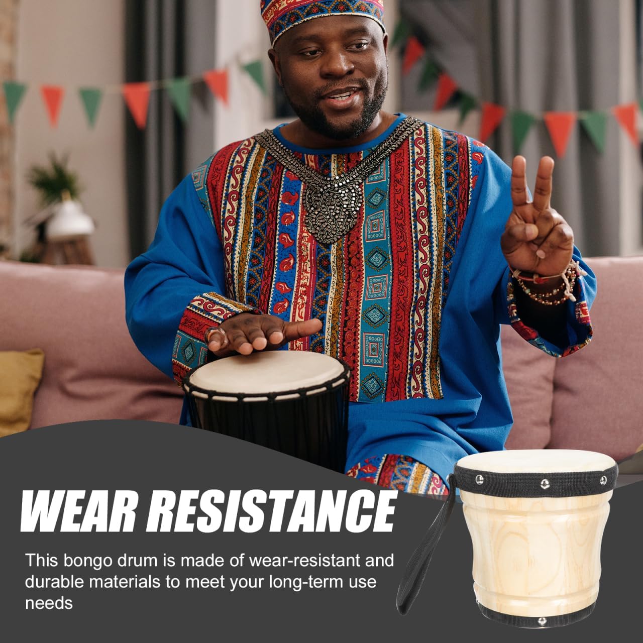 EXCEART Professional Bongo Drum with Sheepskin Head and Drumstick 5.90 Inch Percussion Instrument for Music Performance and Home Practice