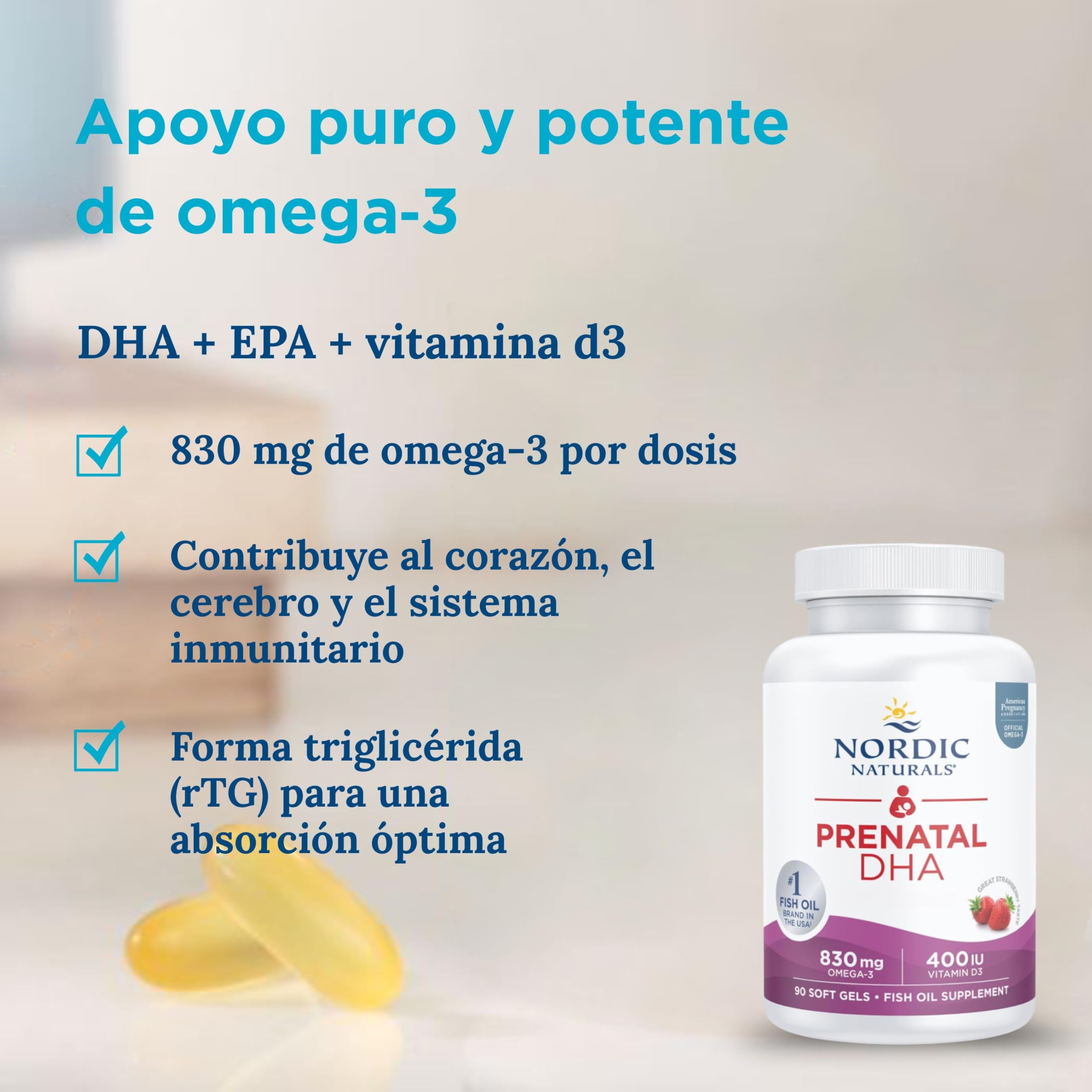 Nordic Naturals Prenatal DHA 830 mg Omega-3 Aceite de Pescado con EPA y DHA, Alta Dosis, Sin Sabor, 90 cápsulas blandas, Analizado en laboratorio, Sin soja, Sin gluten