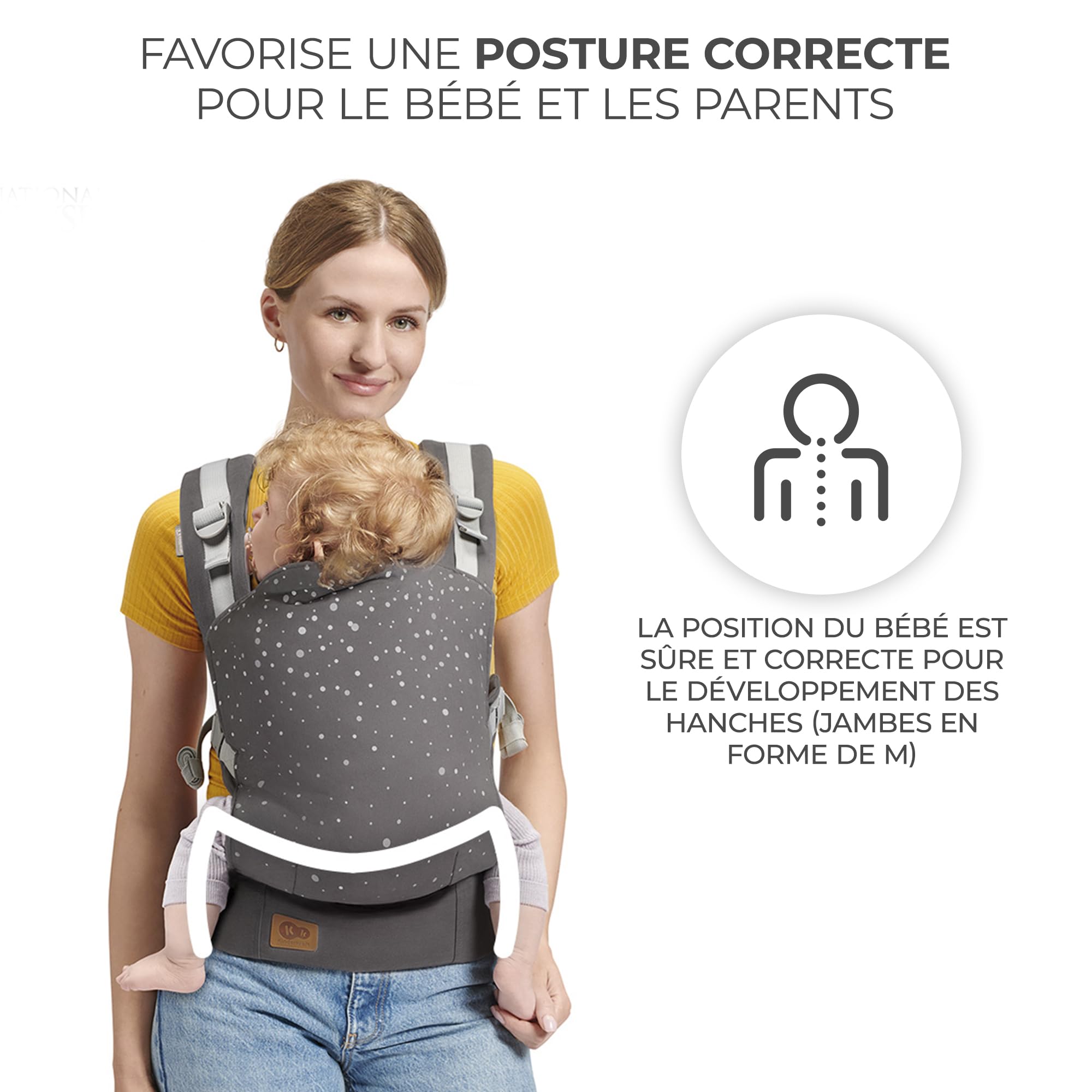 Kinderkraft NINO CONFETTI Porte bébé de 3 Mois à 20 kg, Sangles larges et réglables, Confortable pour le parent, avec Poche, Deux façons: sur le ventre ou sur le dos, Gris