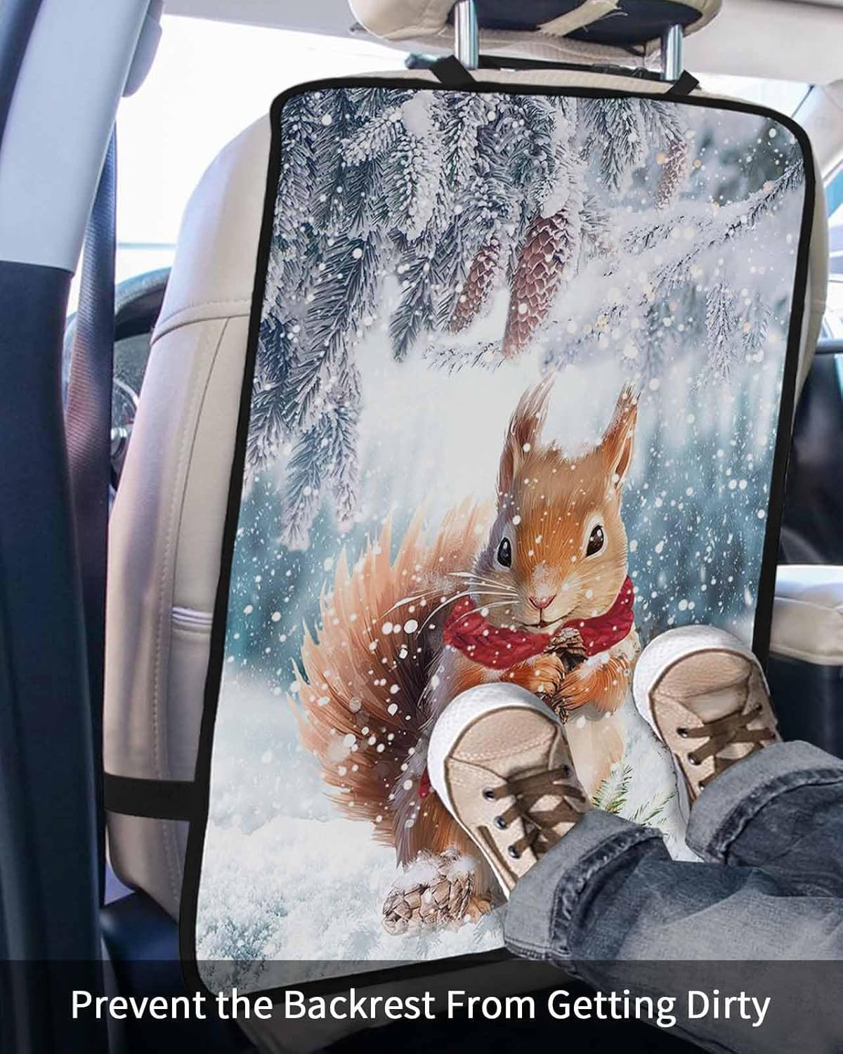 Car Seat Protector, 2 Pack Kick Mats Back Seat Protector Squirrel and Pine Cone Animal Pine Tree Snowscape Christmas Waterproof Backseat Cover for Kids Universal Fit Automotive Interior Protectors