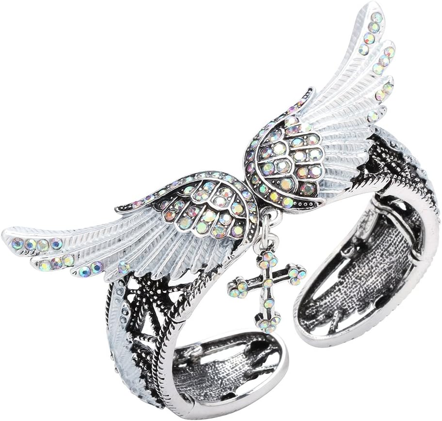 YACQ Women's Angel Wing Cross Bangle bracelets - Flexible Band Fit Wrist Size 6-3/4 To 8 Inch - Lead & Nickle Free - Women Girls Biker Jewelry