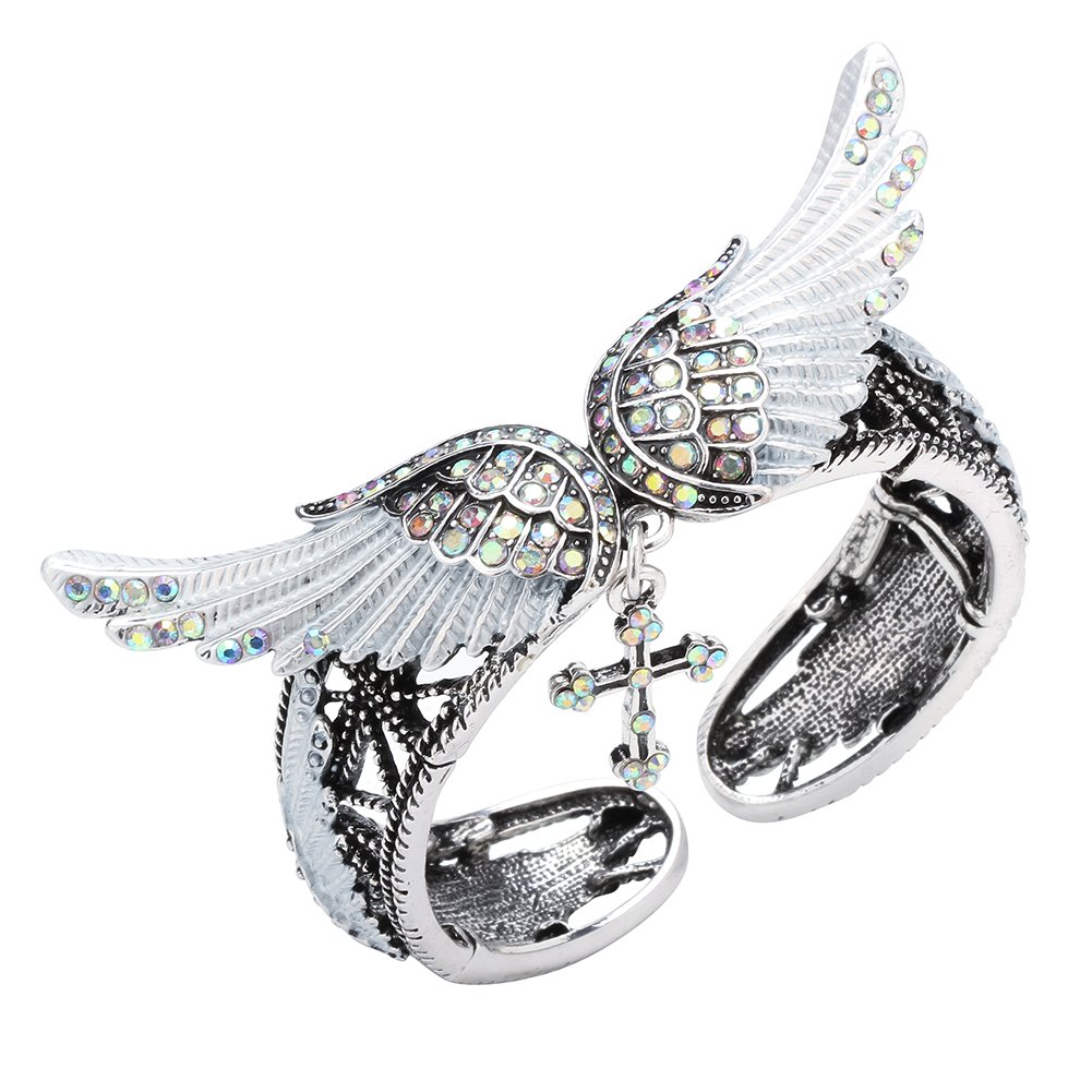 YACQ Women's Angel Wing Cross Bangle bracelets - Flexible Band Fit Wrist Size 6-3/4 To 8 Inch - Lead & Nickle Free - Women Girls Biker Jewelry