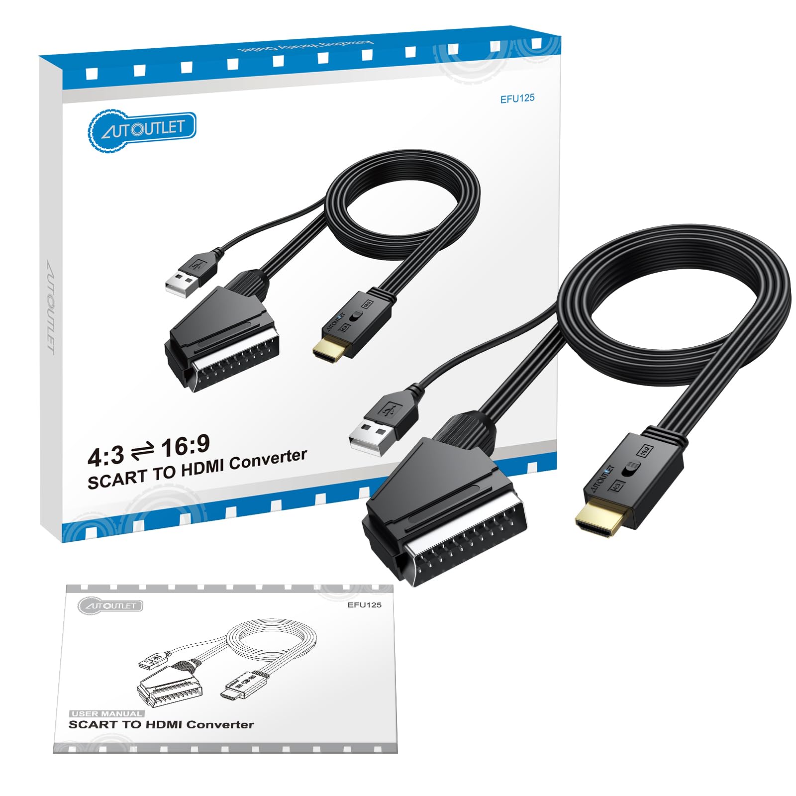 AUTOUTLET Convertitore Scart a HDMI 1080P Supporto Conversione 16:9 4:3 PAL NTSC Adattatore con Cavo 150 cm