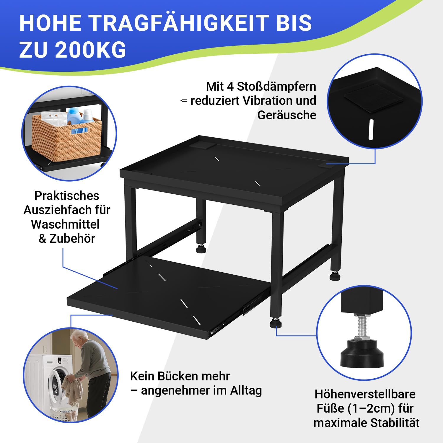 Herrselsam Soporte para lavadora con cajón, 45,5 cm de altura, capacidad de carga de 200 kg, soporte con patas ajustables y almohadillas antivibraciones, pedestal para secadora, frigorífico, lavadora