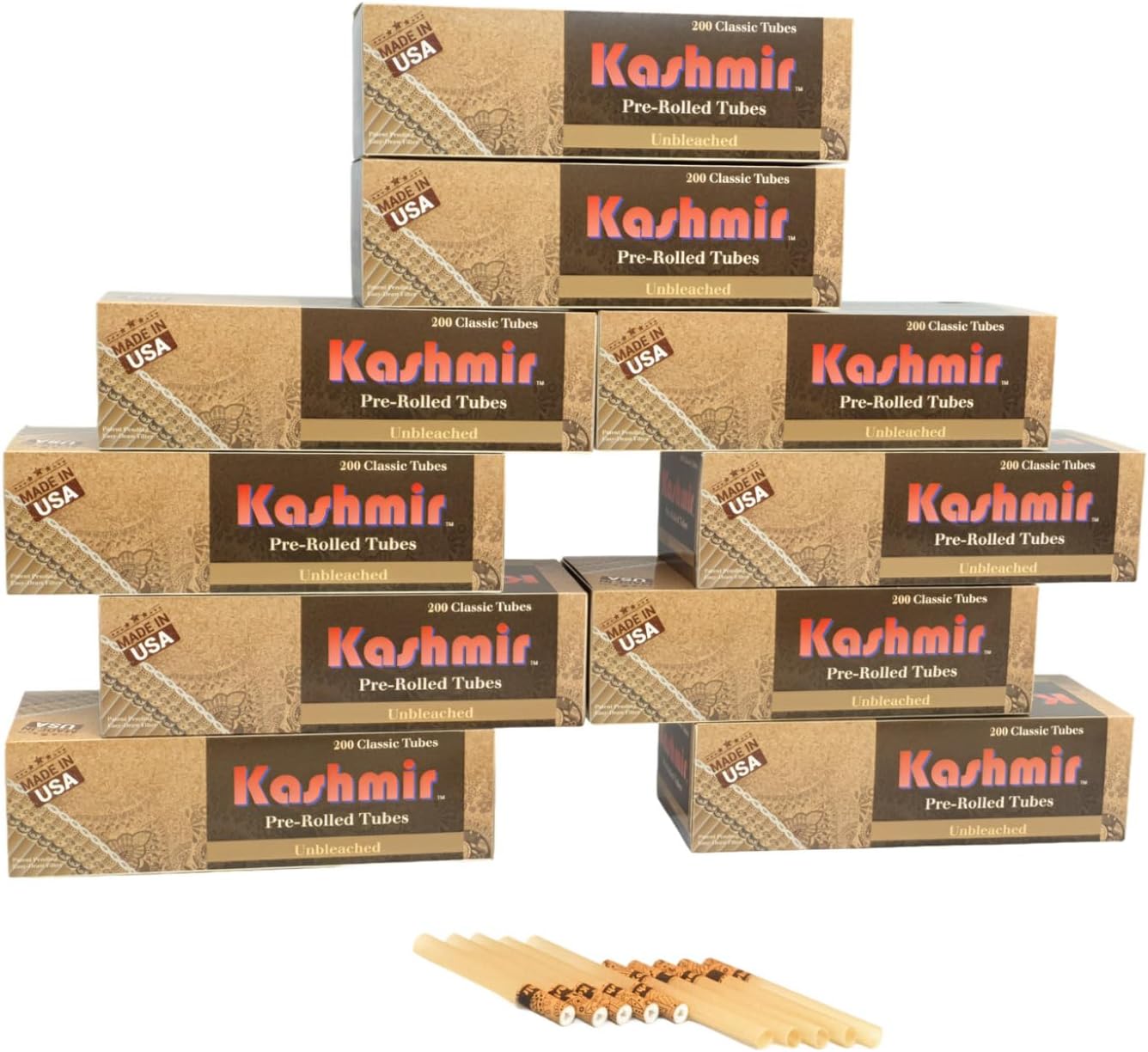 Kashmir Cigarette Tubes Unbleached – 1000 Count (200 CT x 5 Boxes) King Size – Tubes King Size 84mm – Smooth Draw, Clean Burn, No Tearing Fits Most injector Machines – USA Made