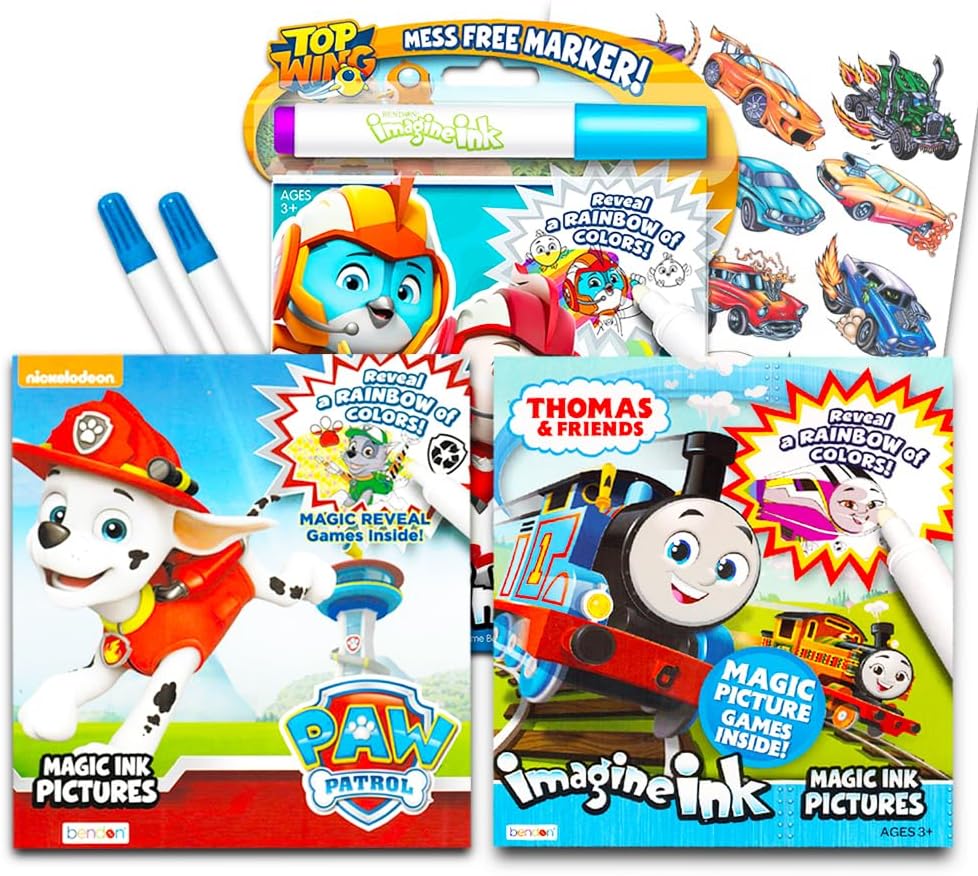 Imagine Ink Coloring Book Set for Toddlers Kids - 3 Magic Ink Books Featuring Paw Patrol, Thomas the Train, Top Wing with Invisible Ink Pens and Stickers (Mess Free Coloring)