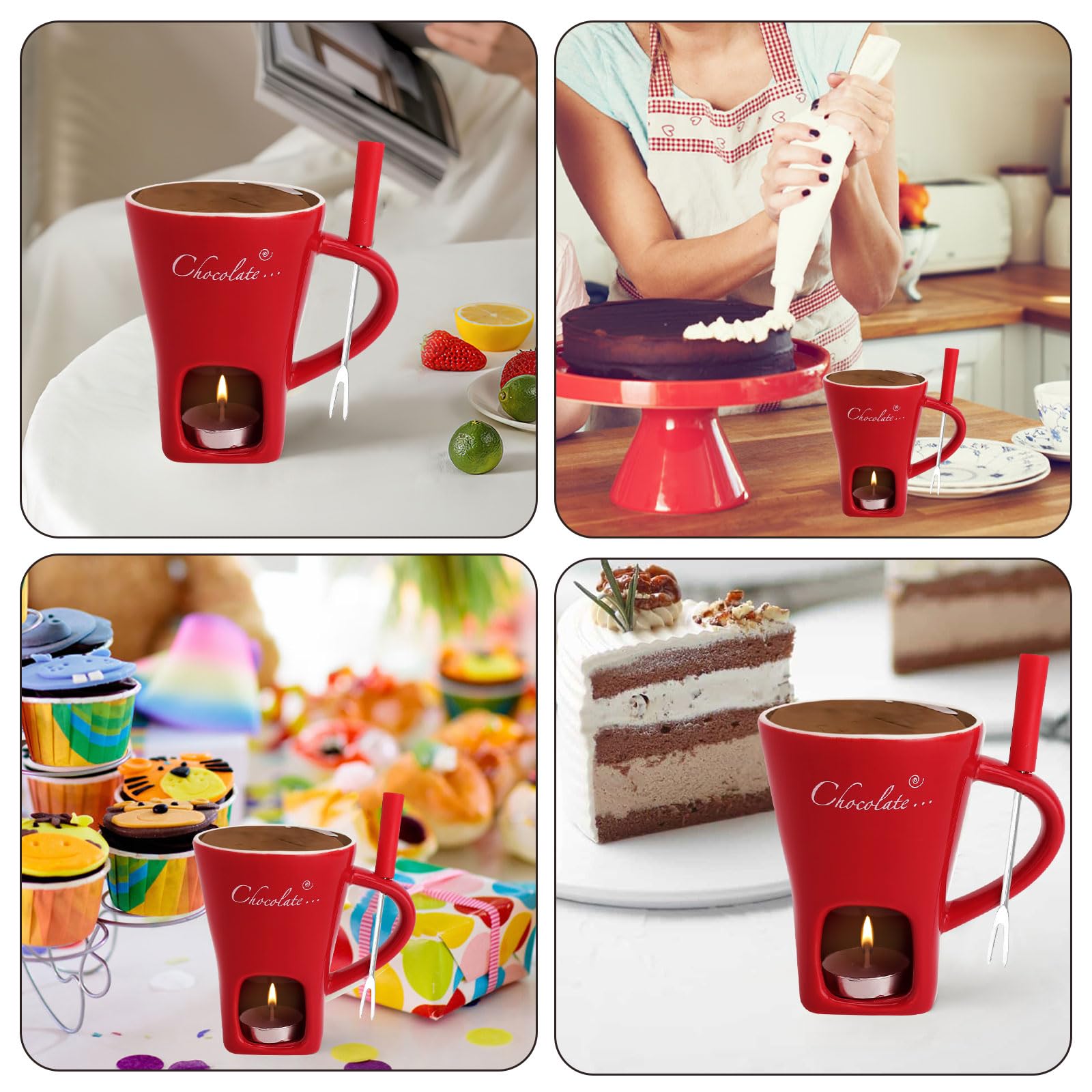 Taza de cerámica para fondue de chocolate, 130 ml, con portavelas y tenedores, fondue de chocolate, juego de fondue de chocolate, juego de fondue de chocolate, cazo para chocolate y queso, mantequilla