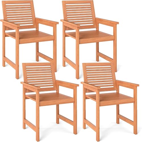 Tangkula Juego de 4 sillas de patio, sillas de comedor de madera para exteriores con respaldo inclinado y asientos de listones, sillones para