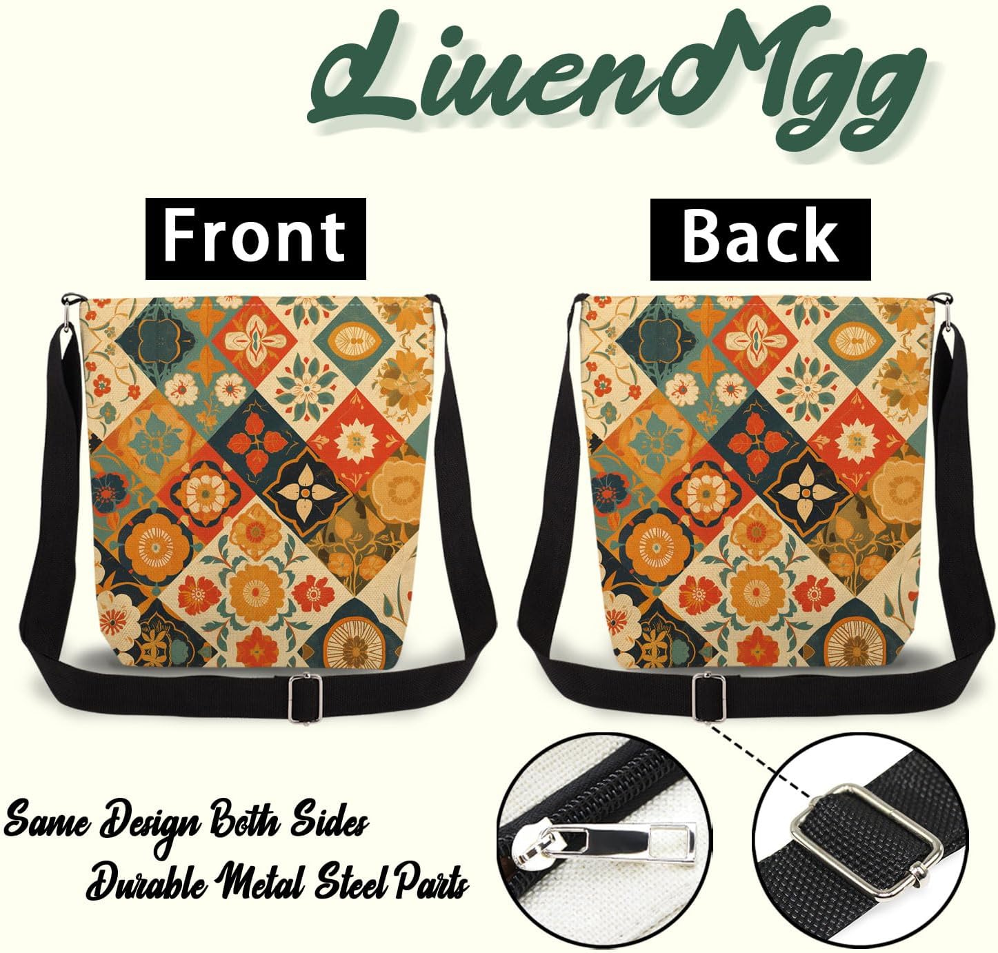 Floral Kaleidoscope Print Canvas Crossbody Bag, Adjustable Strap Lightweight Purse with Top Zipper & Inner Pocket, Daily Shoulder Bag Gift for Women -1 - Image 3