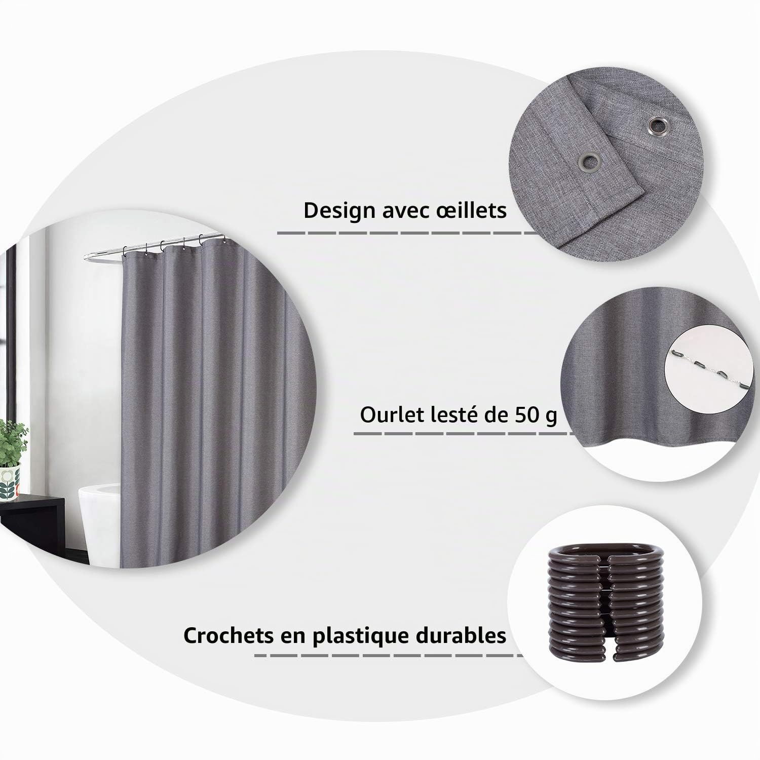 LinTimes Extra Long Lin comme Le Lin 240GSM Poids Lourd Rideau de Douche de Décrochage pour Salle de Bain avec Crochets Tissu D'hôtel Lavable,Gris 218 x 198 cm
