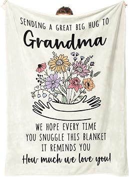 Afterprints Grandma Gifts Blanket, Birthday Gifts for Grandma from Grandkids, Best Grandmother Gift, Hug Floral Throw Blankets 50 x 60