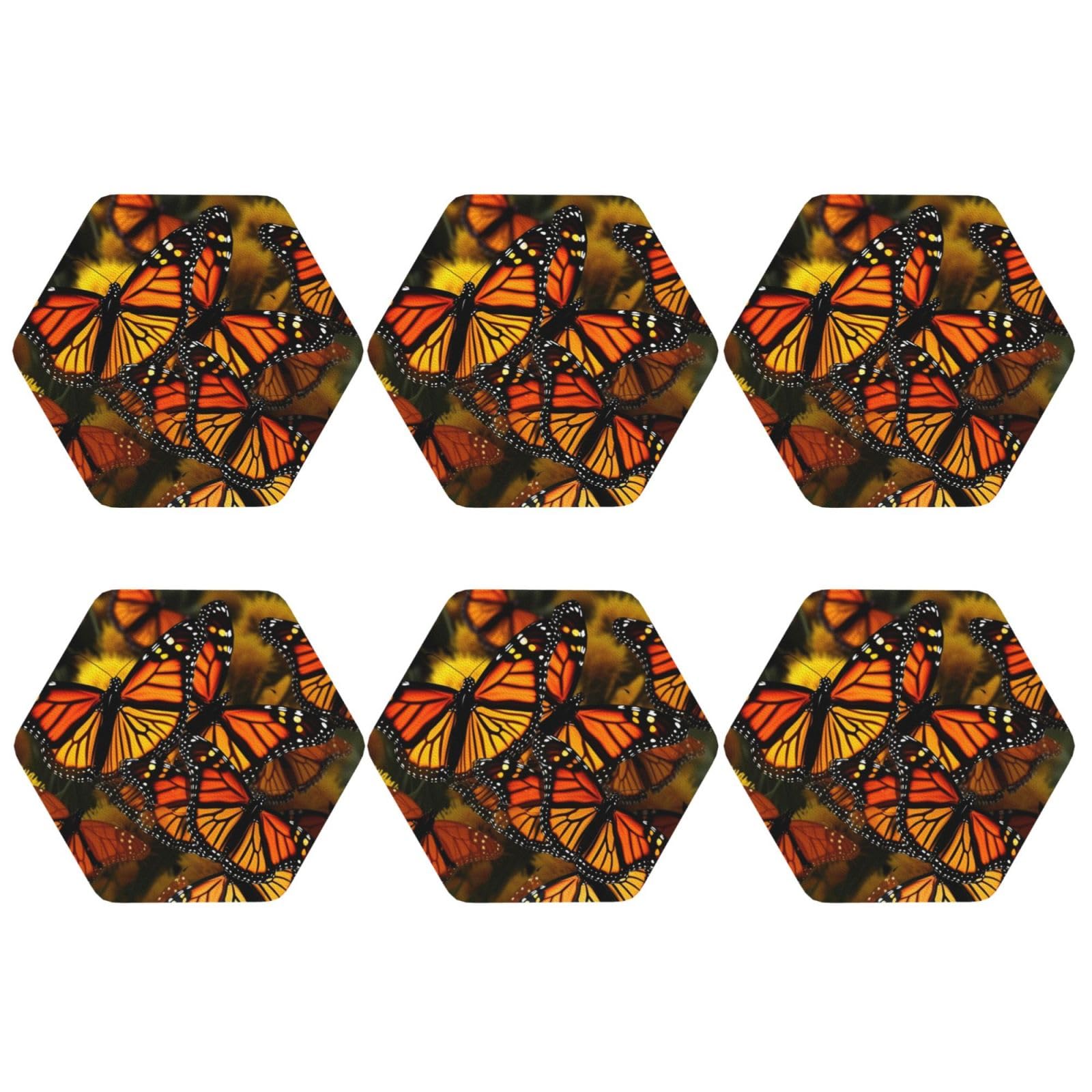 6pcs Leather Coasters for Drinks, Monarch Butterflies Drink Coasters for Tabletop Protection, 4" Cup Coasters for Coffee Table Decor, Non-Slip Drinking Cup Mat for Hot Or Cold Drink