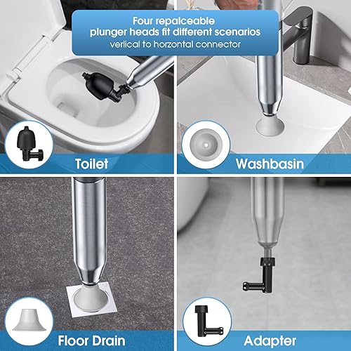 Miniatura 2 de Émbolo de aire Toliet para desatascar inodoros, desagües, fregaderos, kit de pistola de drenaje de aire de alta presión de acero inoxidable, color