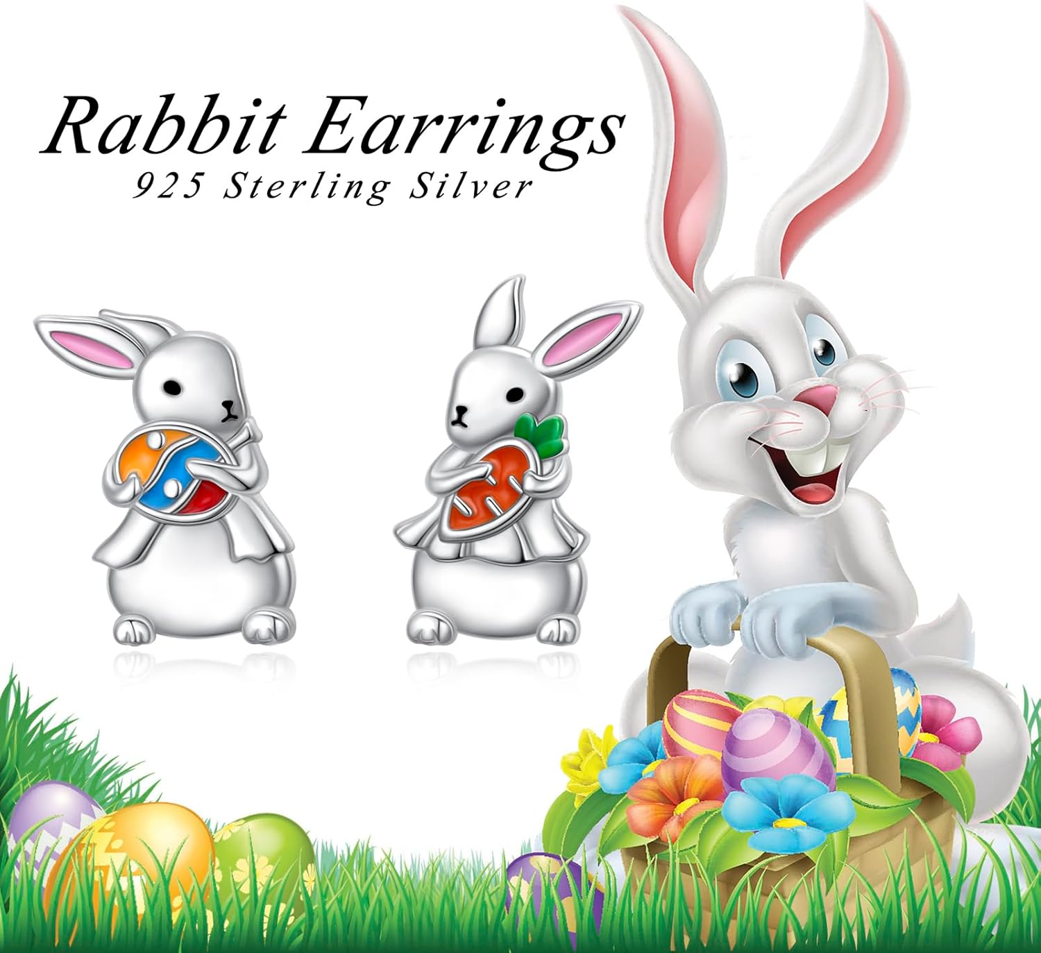 Easter Gifts Bunny Stud Earrings for Women 925 Sterling Silver Rabbit with Carrot Easter Egg Earrings Cute Animal Jewelry - Image 5