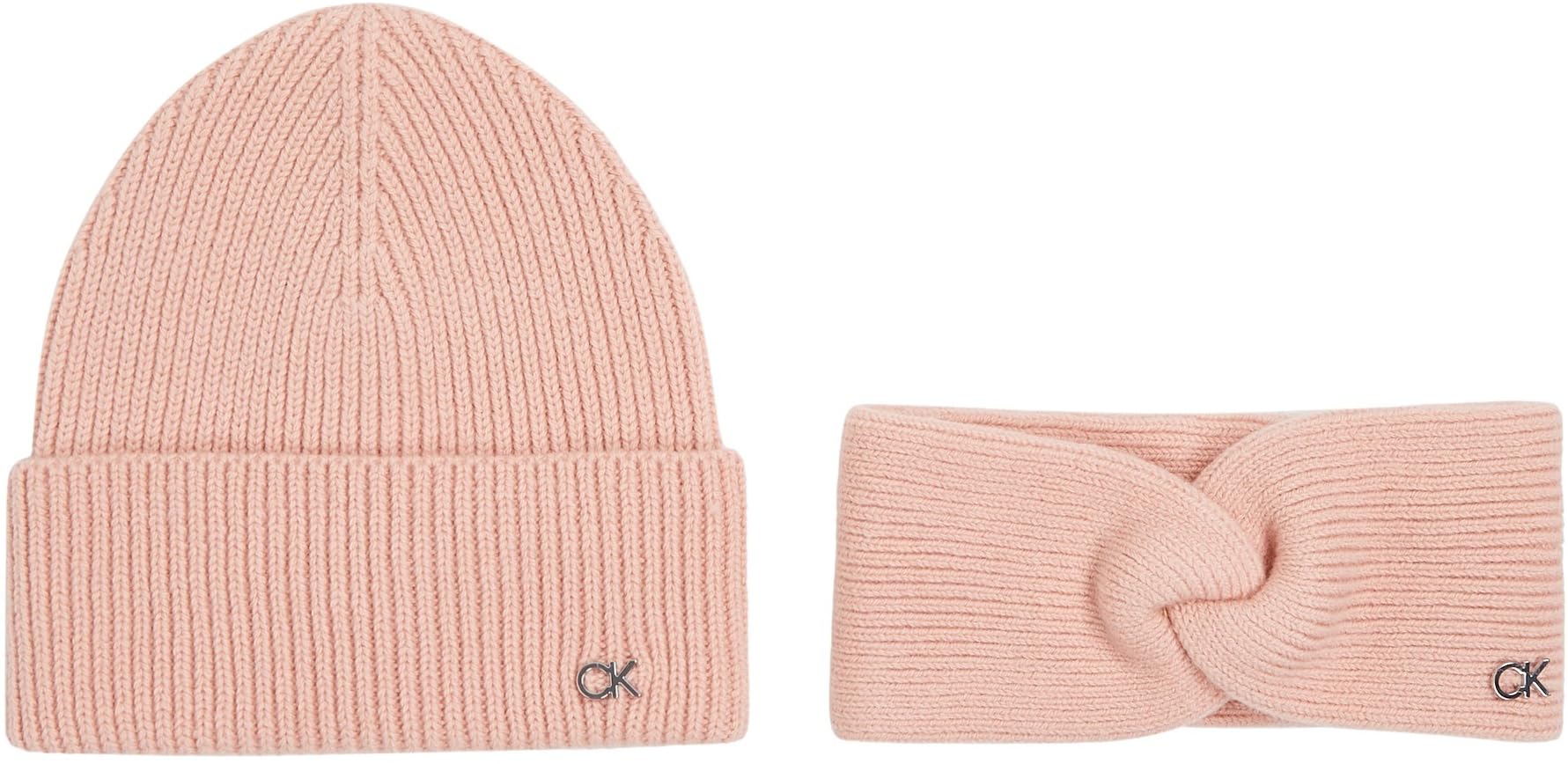 Calvin Klein Damska metalowa czapka CK i opaska na głowę K60K612622 opakowanie upominkowe, różowa (płatek różu), jeden rozmiar, Różowy (płatek róż), Rozmiar uniwersalny