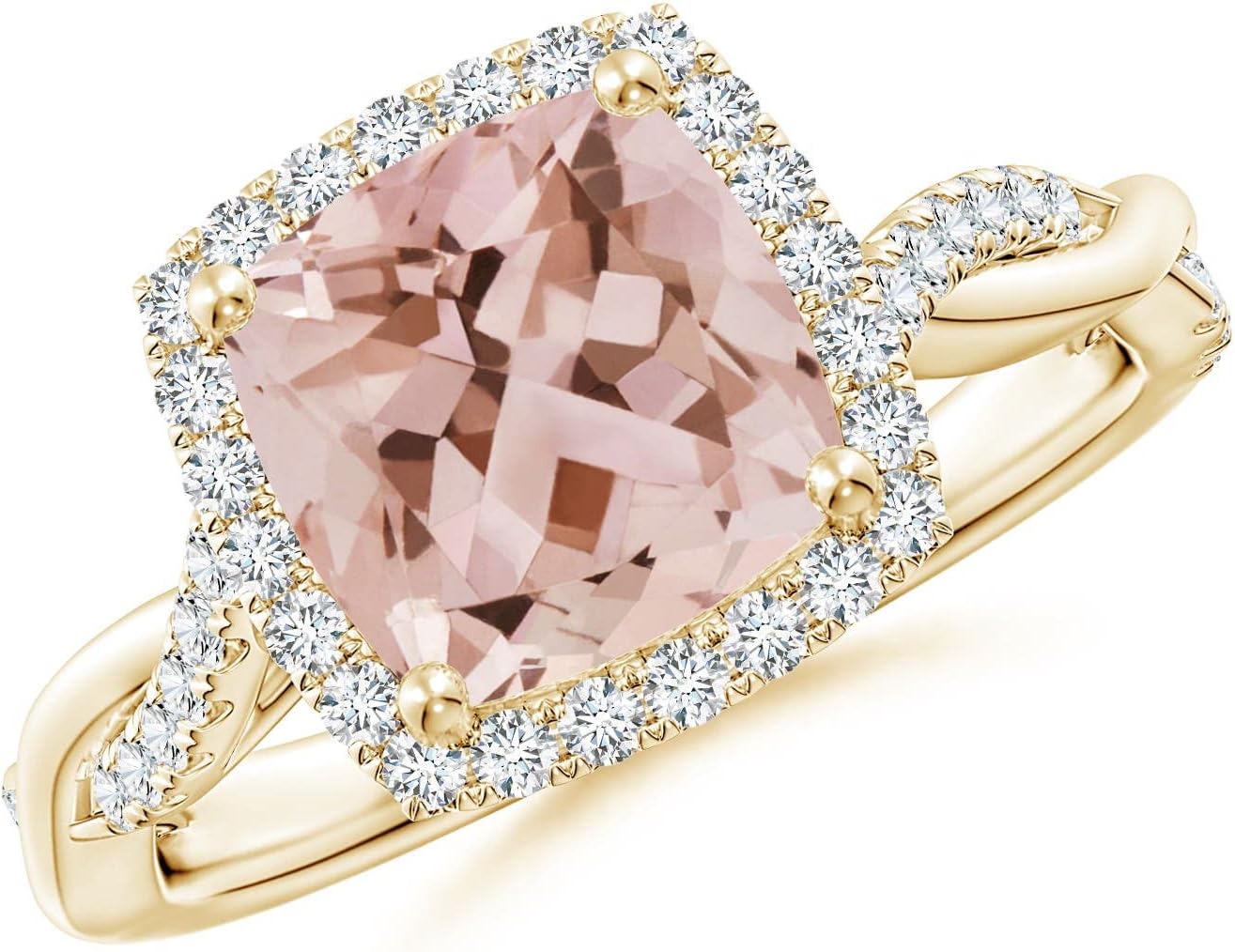 Angara Natural Morganite Engagement Ring for Women | Twisted Shank Cushion Morganite Halo Engagement Ring in Yellow Gold | April Birthday, Gemstone Jewelry Gift | AAA | 8mm | Ring Size- 11