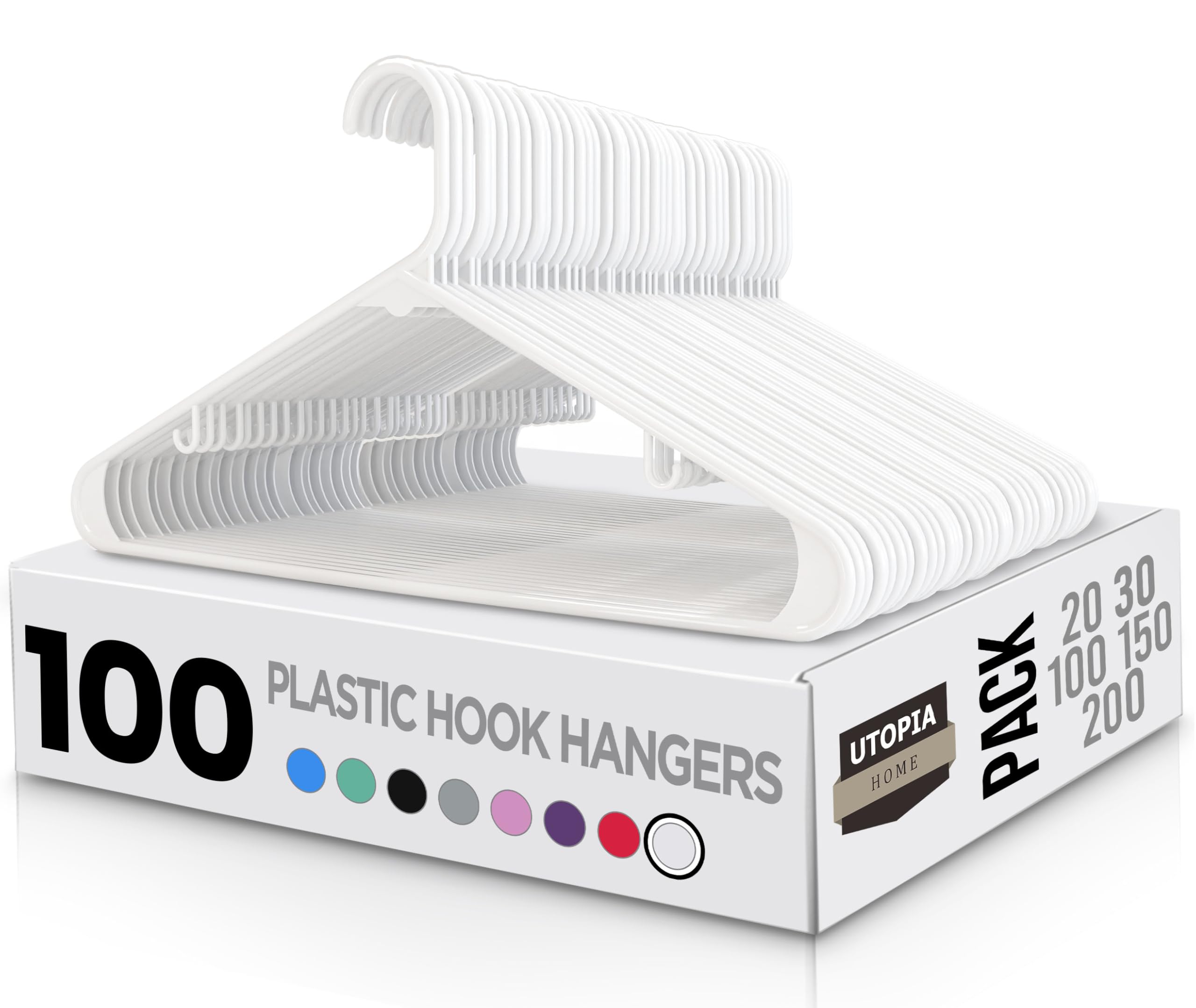 Utopia Home Plastic Hangers 100 Pack - Space Saving Clothes Hanger - Durable & Strong Closet Organizers and Storage with Built-in Strap Hooks - Essential for Shirts, Pants, Skirts & Coats (White)