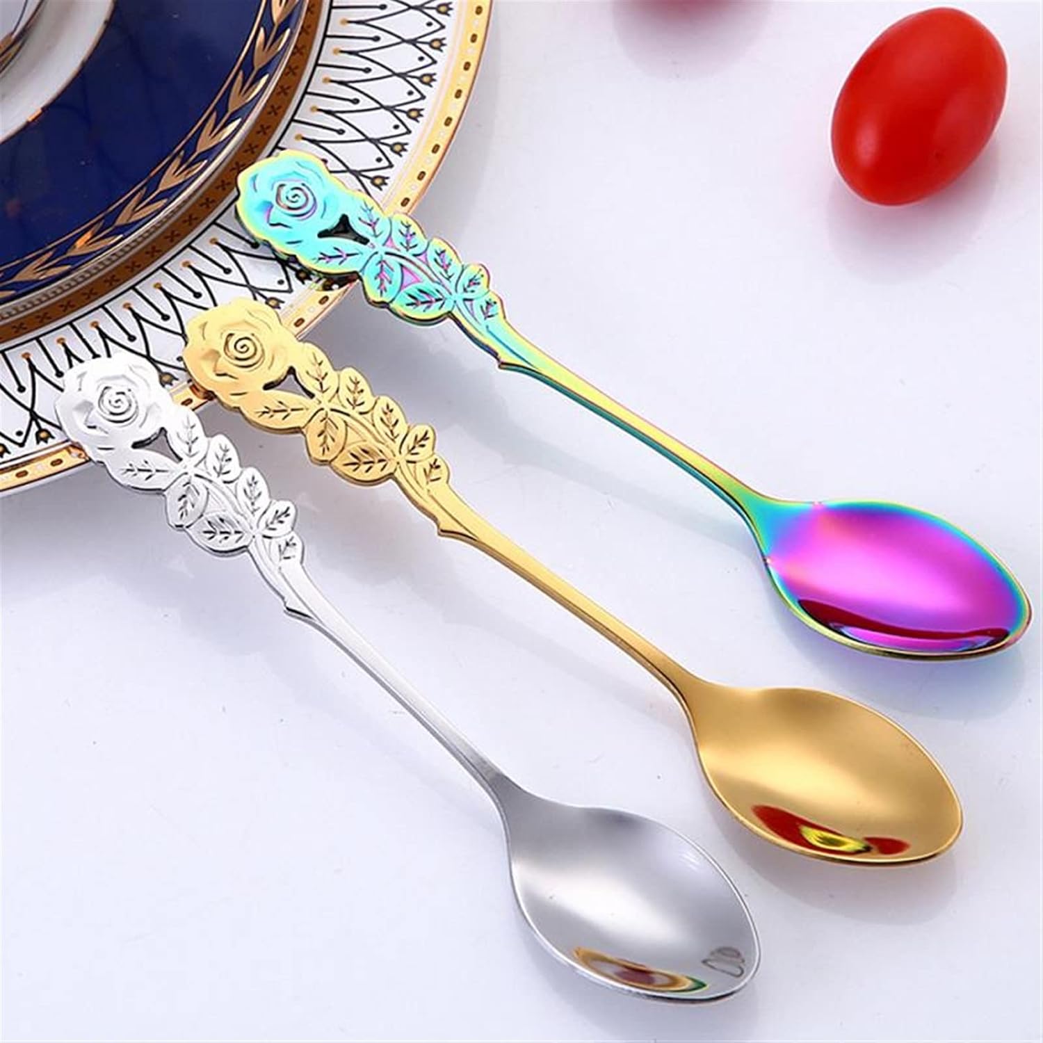 Coffee Scoops Creative Stainless Steel Spoon Coffee Round Head Ice Cream Dessert Teaspoon Kitchen Accessories Tableware Decoration(Colorful)