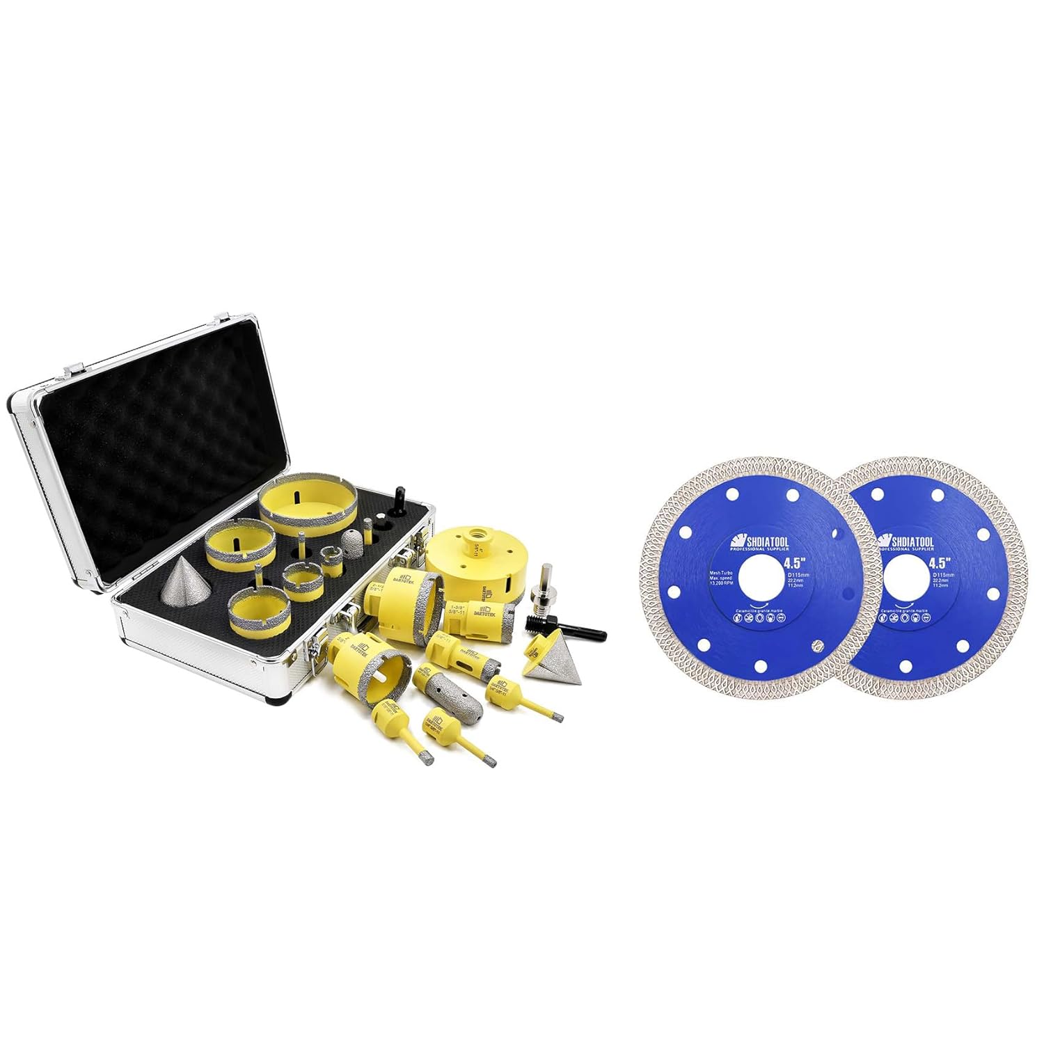 Diamond Core Drill Bits Set 10PCS - DARTOTEK Tile Hole Saw Kit and SHDIATOOL 4-1/2 Inch Diamond Saw Blade Cutting Disc