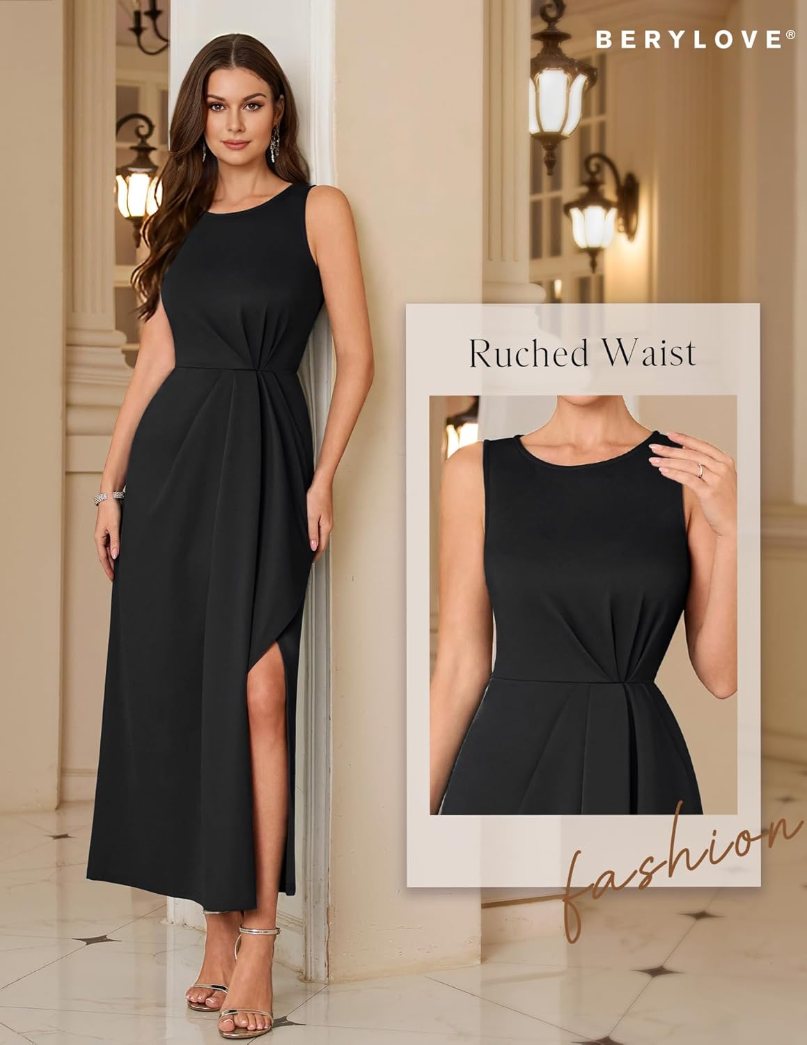 BeryLove Women's Formal Wedding Guest Slit Dress Classy Sleeveless Long Prom Gala Dresses