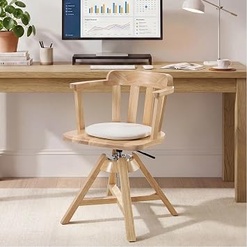 Zesthouse Solid Wood Home Office Desk Chair with Arm, Vintage Office Chair with Adjustable Height, Heavy Duty Desk Chair with Cushion & Slatted Back, Swivel Computer Task Chair No Wheel Raw Wood Color