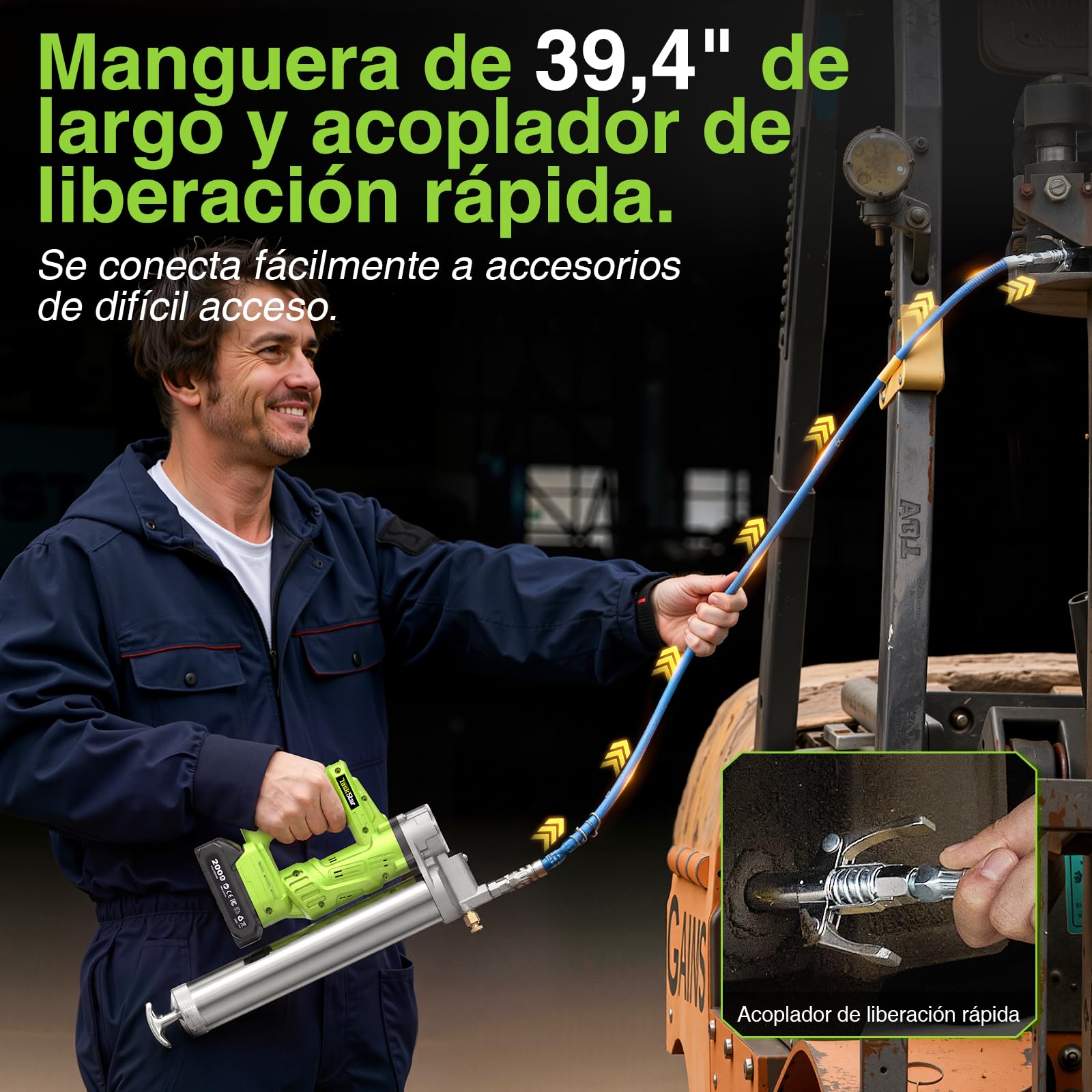 TaskStar Engrasadora Bateria de Alta Eficiencia: 10000 PSI Pistola de Engrase con 2*Baterías de 2,0 Ah, Boquilla Engrasadora de Desenganche Rápido, para Agricultores y Propietarios de Equipos