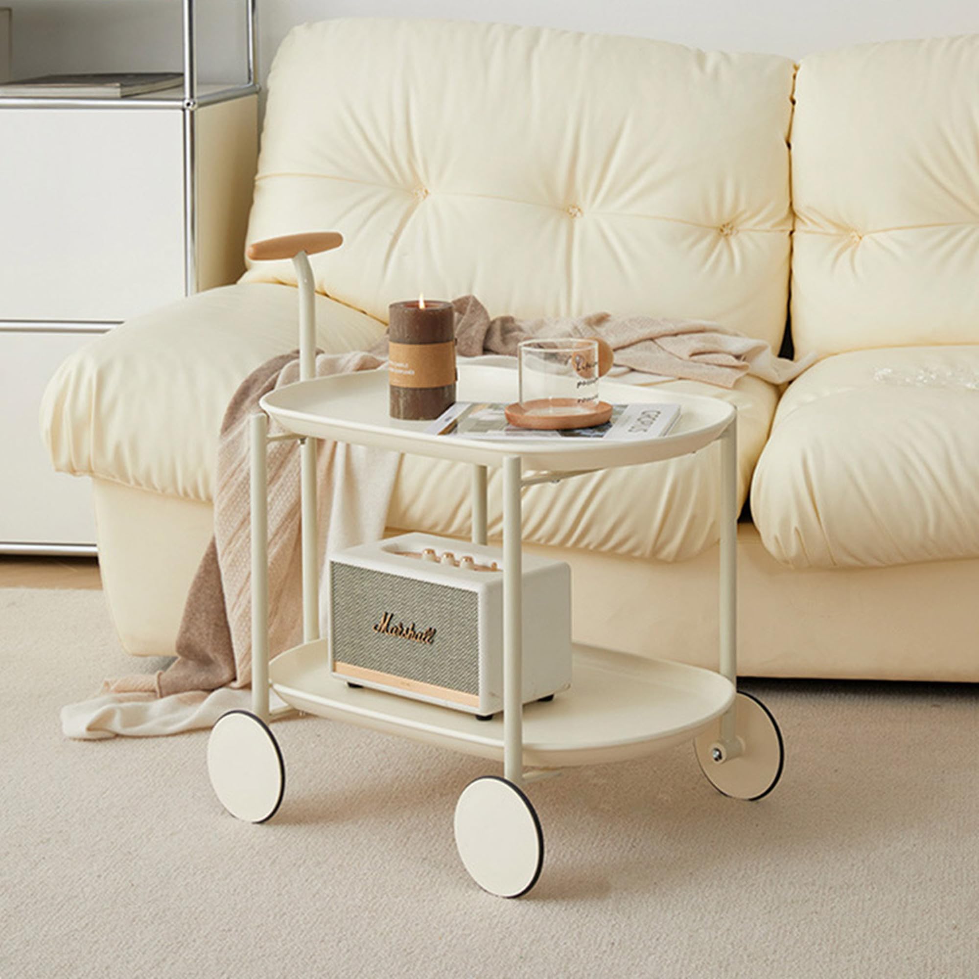 Carrello Multiuso con rotelle a 2 Livelli con Manico in Legno, Carrello Mobile in Metallo Bianco con 2 vassoi, Carrello Organizer con Ruote silenziose, Carrello portaoggetti Multifunzionale