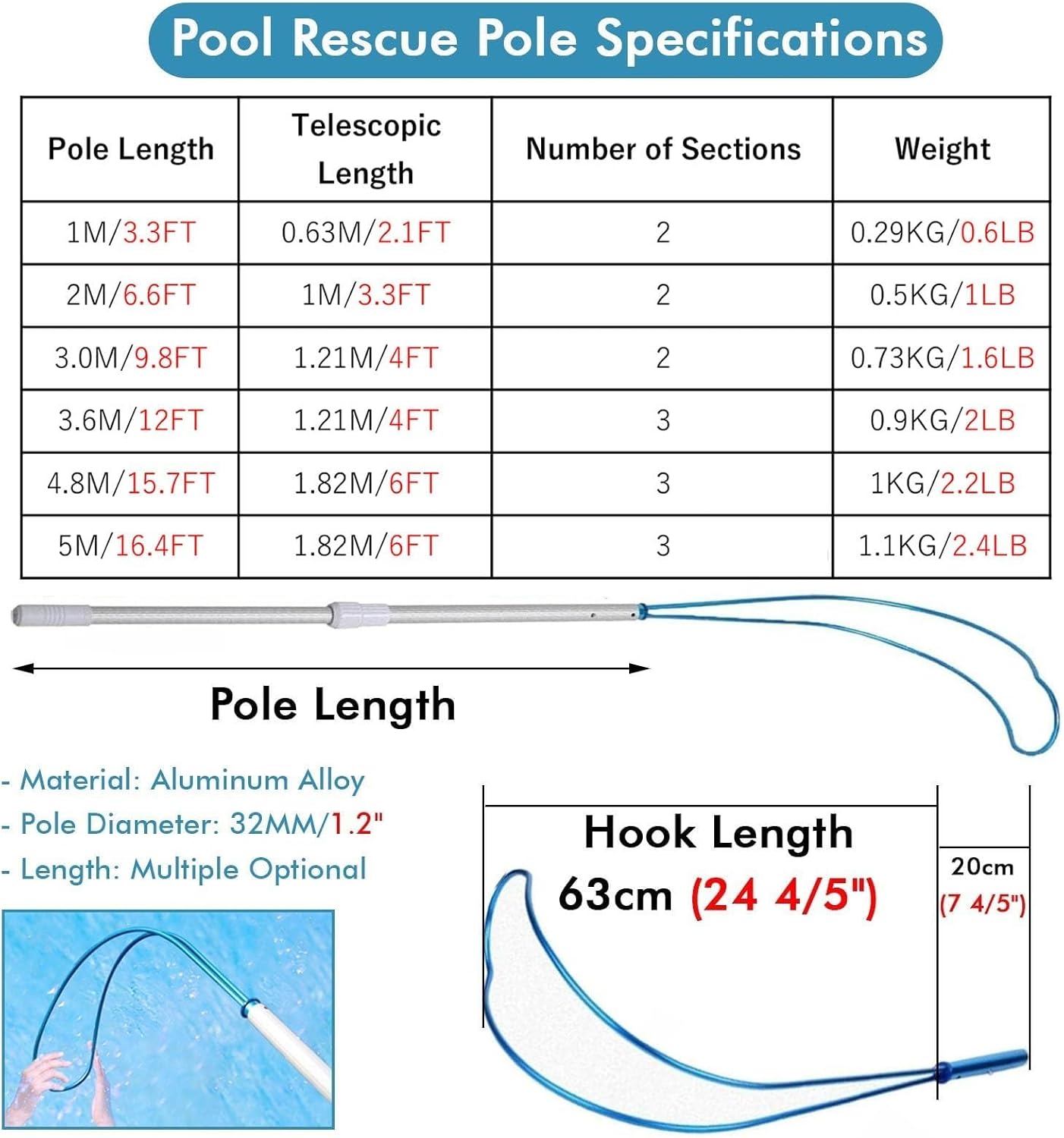 Telescopic Swimming Pool Safety Hook Pole. Adjustable Lightweight Aluminum Telescoping .Non Slip Handle for Emergency Life Saving Rescue Water Drowning