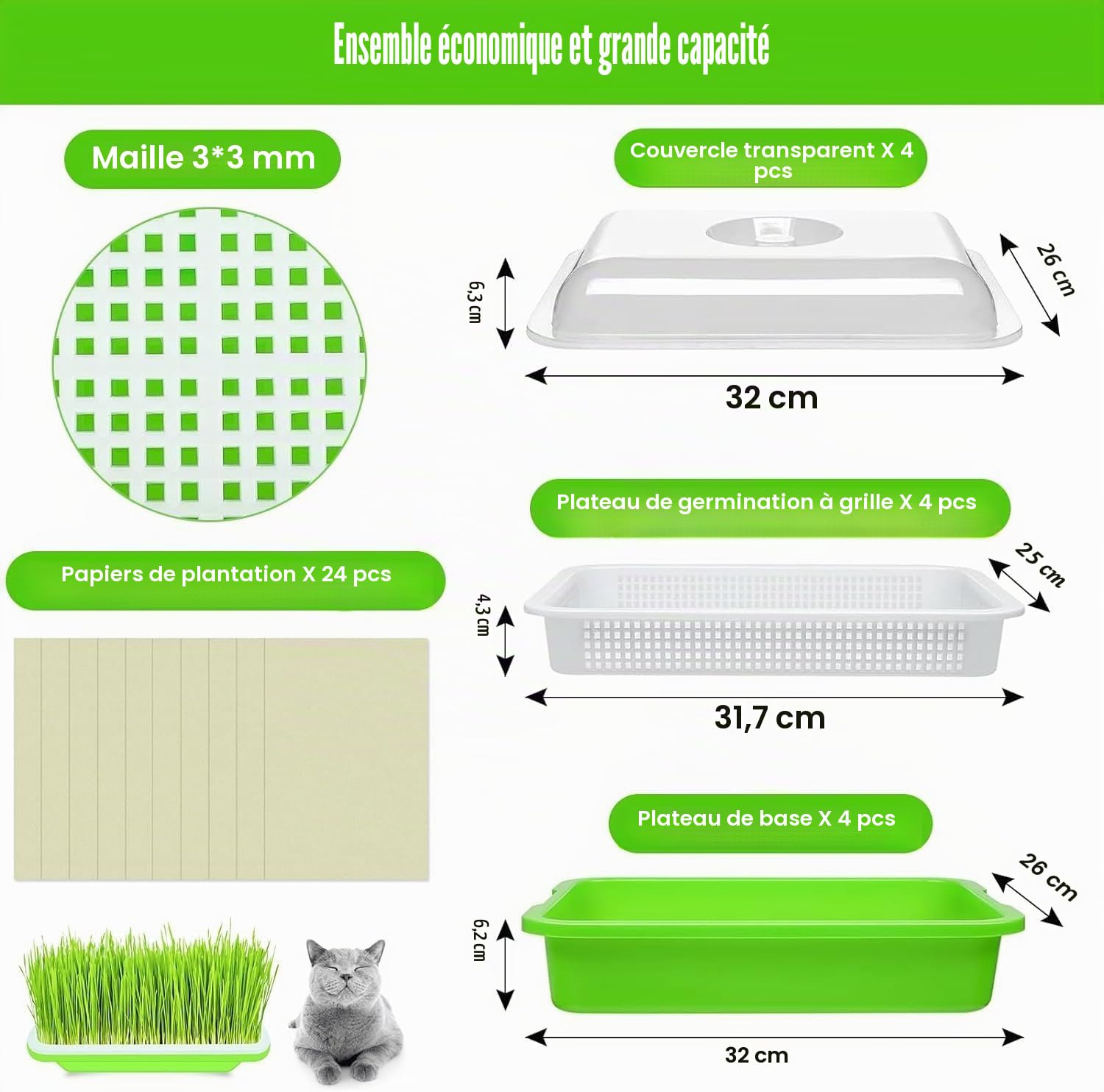 KAHEIGN 4 Pièces Plateaux de Germination de Graines avec Couvercle, 32CM x 26CM Plateau de Germination de Grande Capacité Propagateur Hydroponique Sain sans BPA avec 24 Papiers de Plantation