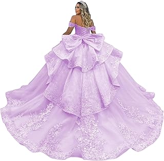Off Shoulder Quinceanera Dresses Luxury Tiered Tulle Sweet 15 16 Dresses with Bow Sparkly Lace Beaded Ball Gown - Buy now