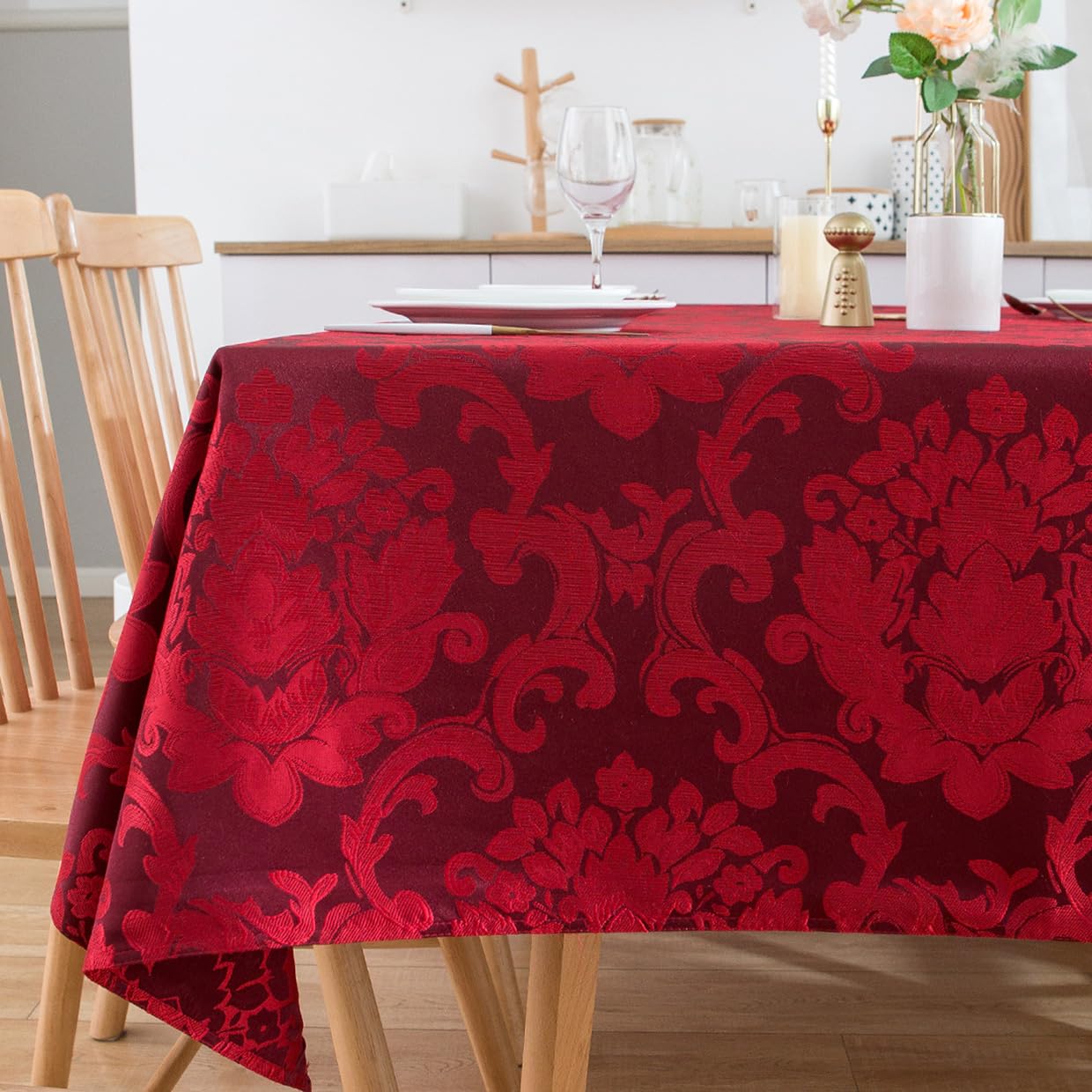 SPRICA Jacquard Tablecloth Rectangle 210x150cm Classic Flower Pattern Thick Heavy Weight Soft Table Cover, Machine Washable, Burgundy