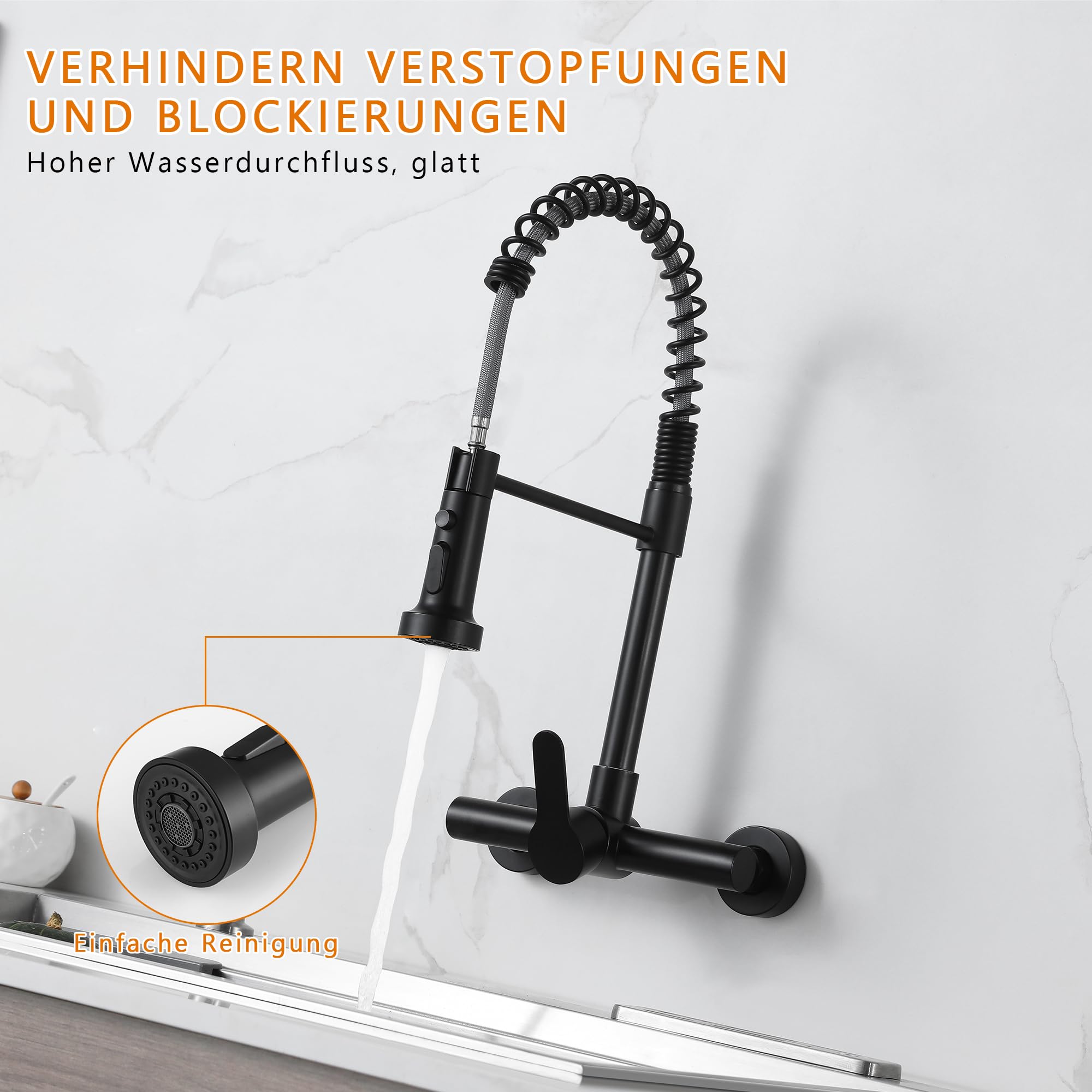 LIWEIKE Grifo de cocina de montaje en pared, rotación de 360° Grifo de cocina negro con 2 tipos de chorro Grifo de pared de montaje