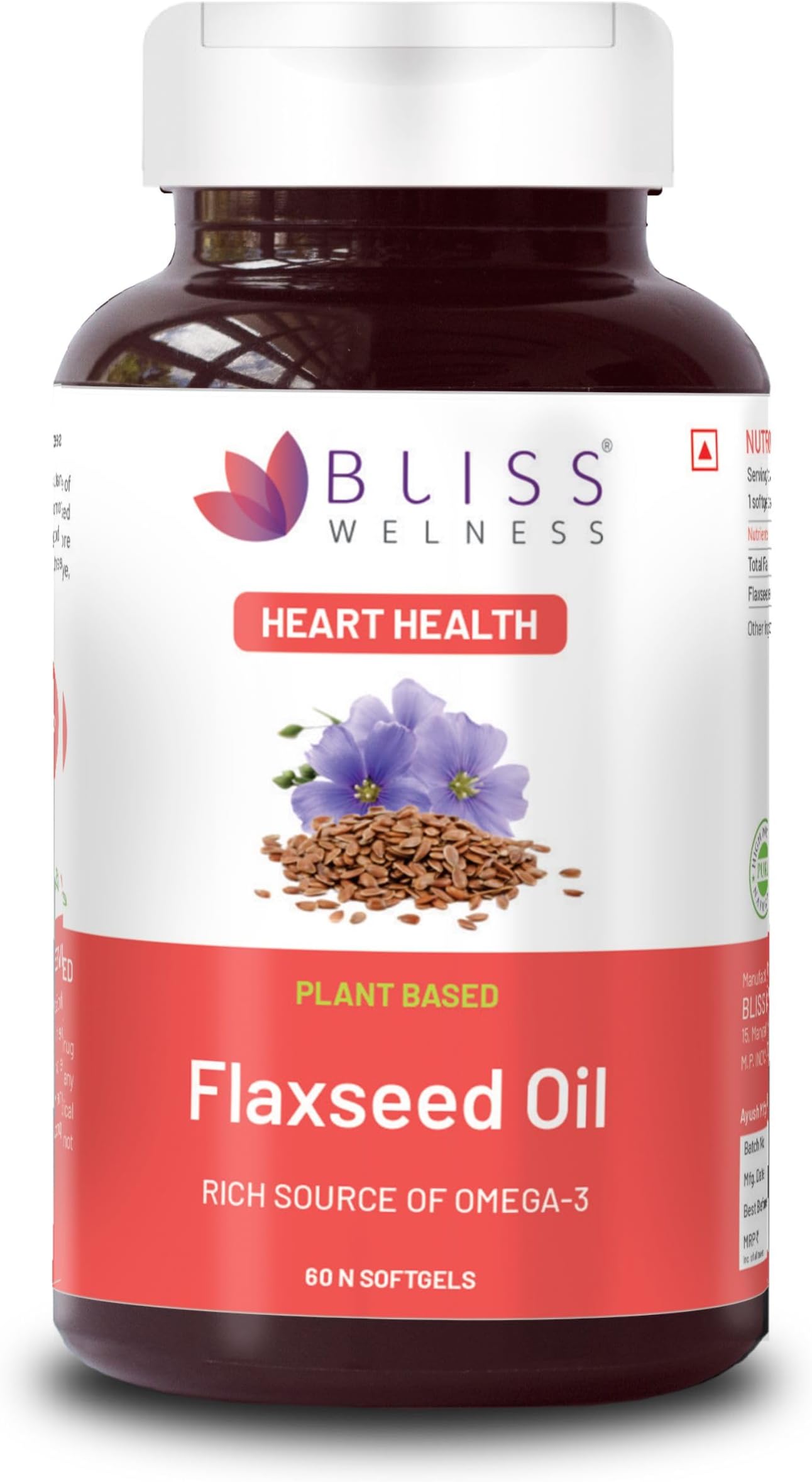 Bliss Welness Organic Flaxseed Oil 2000mg | Extra Virgin Cold Pressed Omega 3 6 9 Oil | Hair Skin Heart Brain Eye Skin Joint Immune Health Supplement - 60 Softgel Capsules, 70 grams
