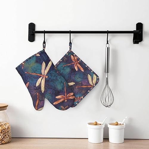 Miniatura 5 de Juego de guantes de horno y soportes para ollas pintados a mano con libélula impresos, resistentes al calor, antideslizantes, guantes de cocina, 2