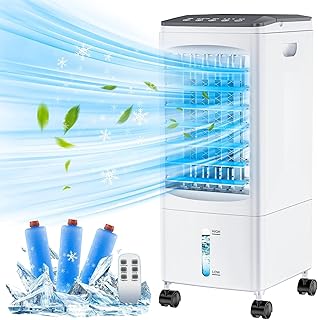 Aire Acondicionado Portatil, 4 En 1 Enfriador de Aire con Control Remoto, 60W Ahorro Energético, 3 Velocidades y 4 Modos, Temporizador 7H, Oscilación 120°, Cooler Portátil para Hogar y Oficina