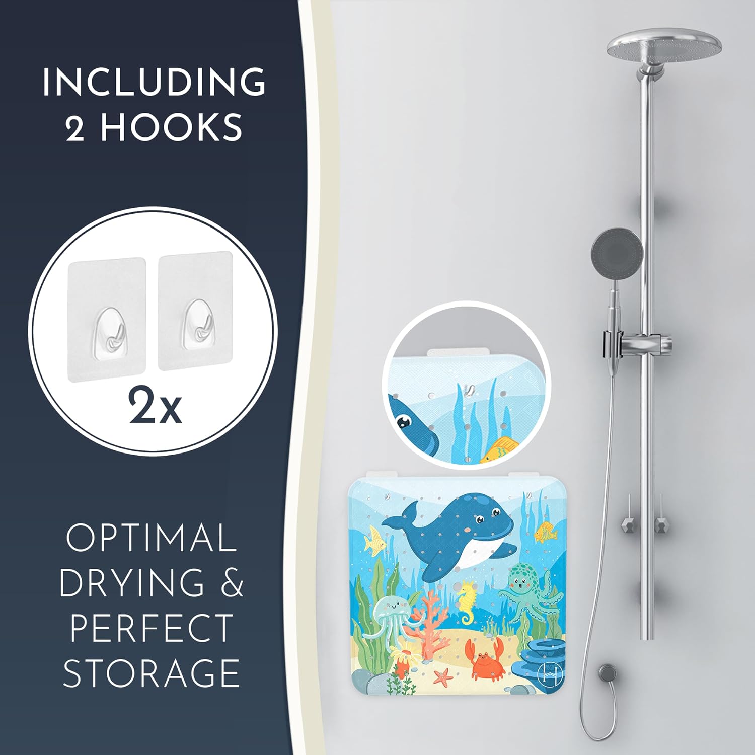 Homerella 21x21 Non Slip Shower Mat and 40x16 Anti Slip Bathtub Mat for Kids - 2 Hooks Included, Machine Washable