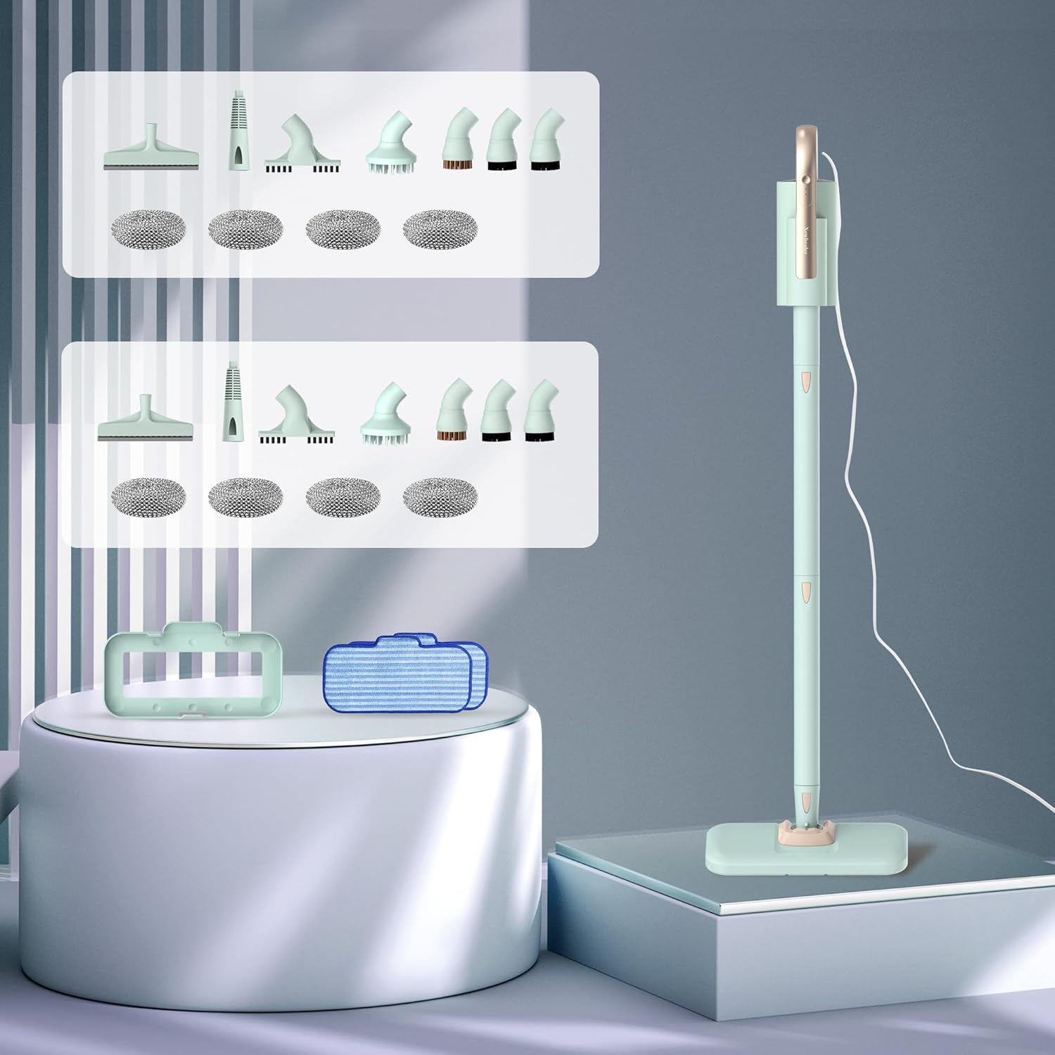 Newbealer Steam Mop Set Bundle with 11 Pieces Replacement Brushes, 250ml 1200W Powerful Floor Steamer, 3 Adjustable Steam Levels, Carpet Glider, 22 Multi-purpose Accessories & 2 Pads