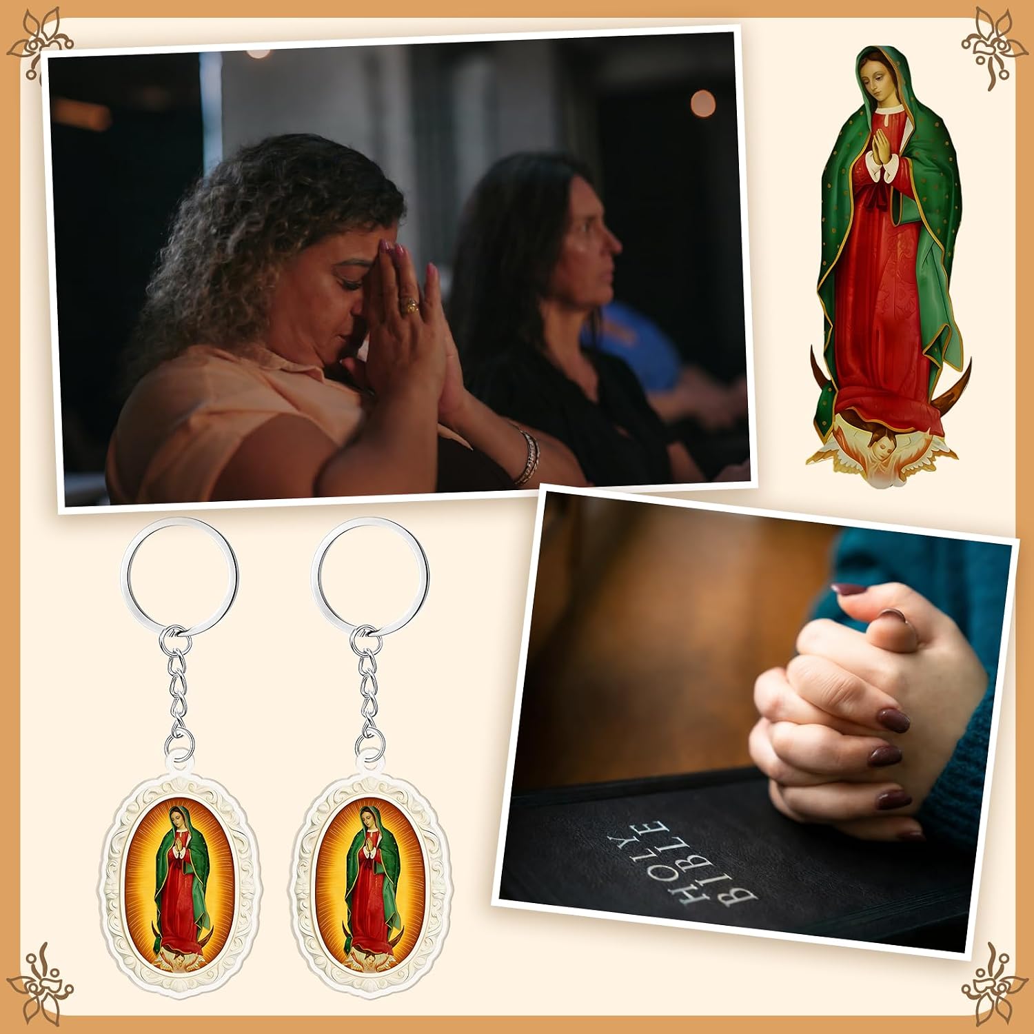 50 Pcs Our Lady of Guadalupe Keychains Virgen De Guadalupe Keyrings - Acrylic Oval Ornate Virgin Mary Keychain - Baptism Favors and First Communion Gifts for Guests