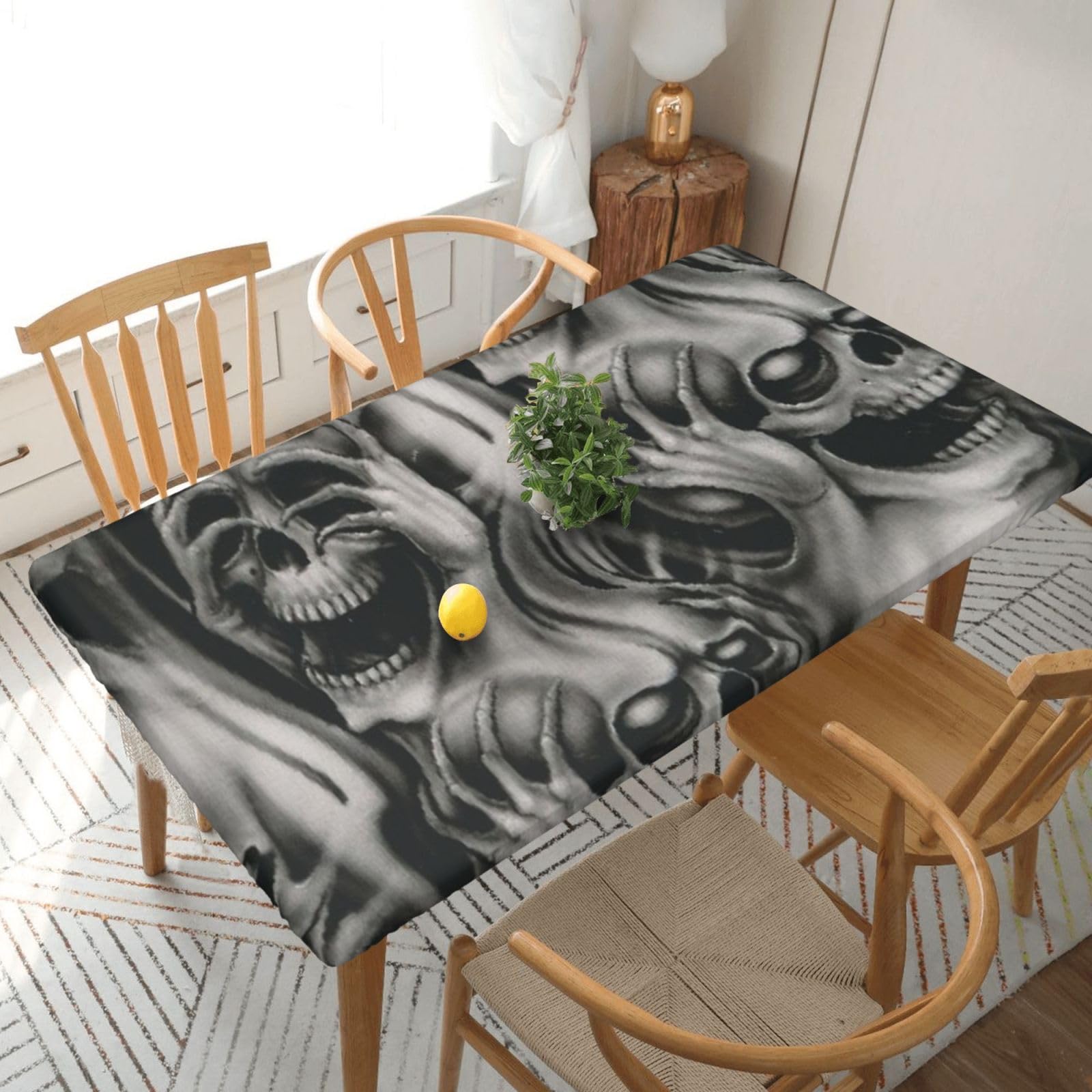 DCEHGEW Elastic Fitted Rectangle Tablecloth for 5ft Tables, Cool Evil Skull Printed Oilproof & Washable Fabric Picnic Table Cloth Table Covers