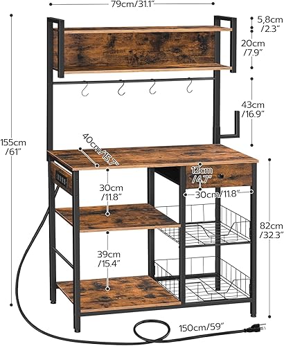 Miniatura 3 de HOOBRO Estante para panaderos con 4 tomas de corriente alterna, barra de café de 5 niveles con cesta de alambre, soporte para microondas con soporte
