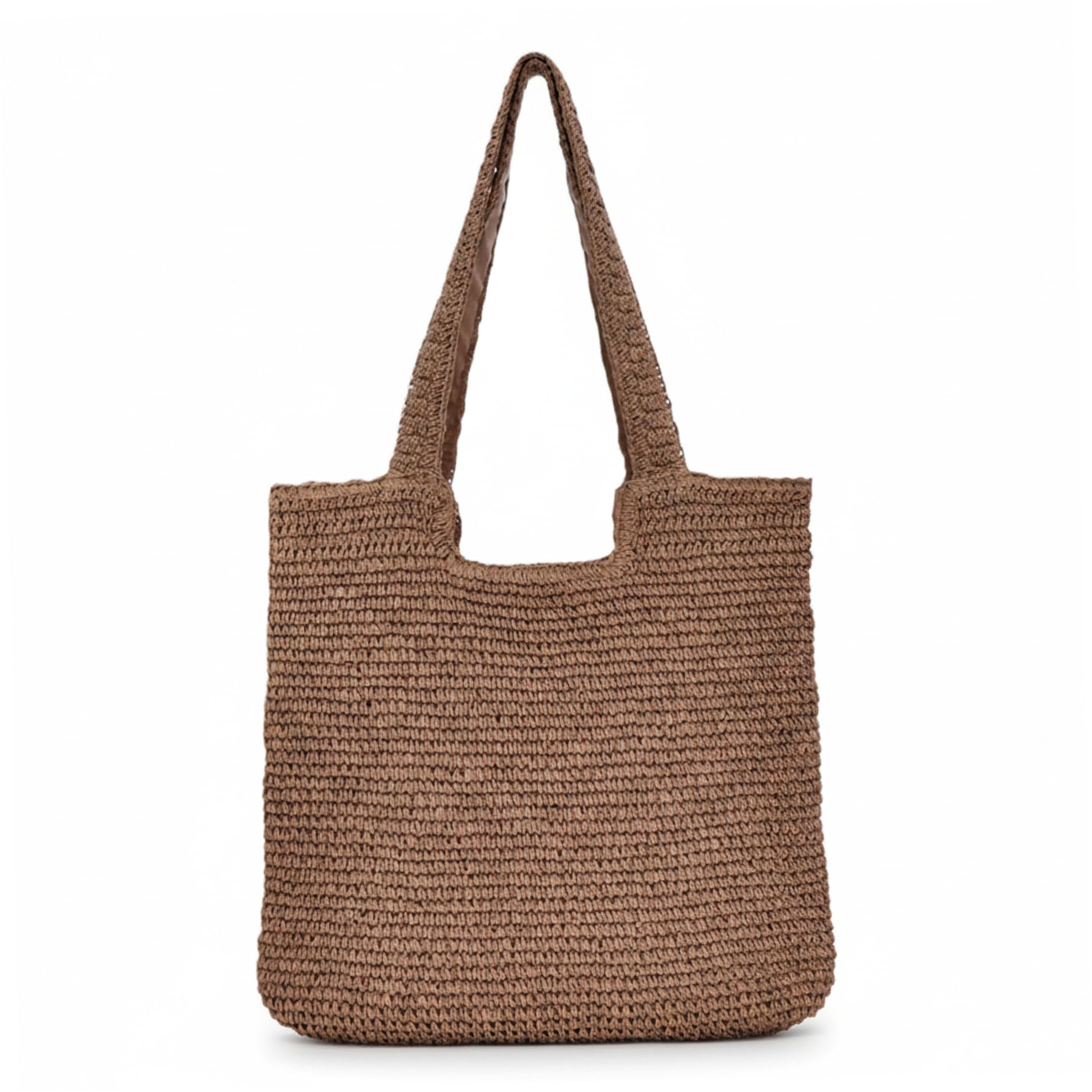 Ameble Unisex Khaki Handmade Woven Straw Beach Bag For Women Vacation, Large Capacity Tote With Zipper, Summer Daily Use, Boho Travel Shoulder Bag