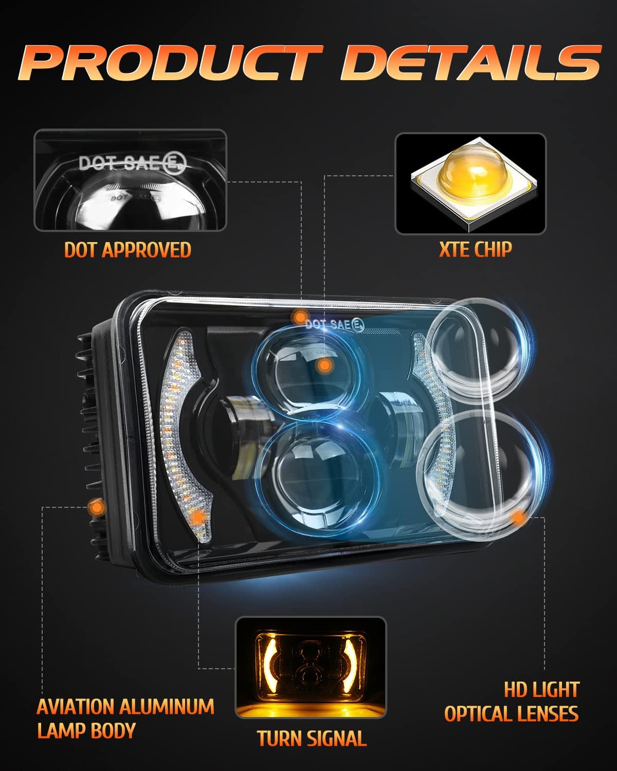 CO LIGHT 4 PCS DOT Approved 4x6 Inch LED Headlights Hi/Lo Sealed Beam 80W Amber Halo Rectangular Replacement H4651 H4652 H4656 H4666 H6545